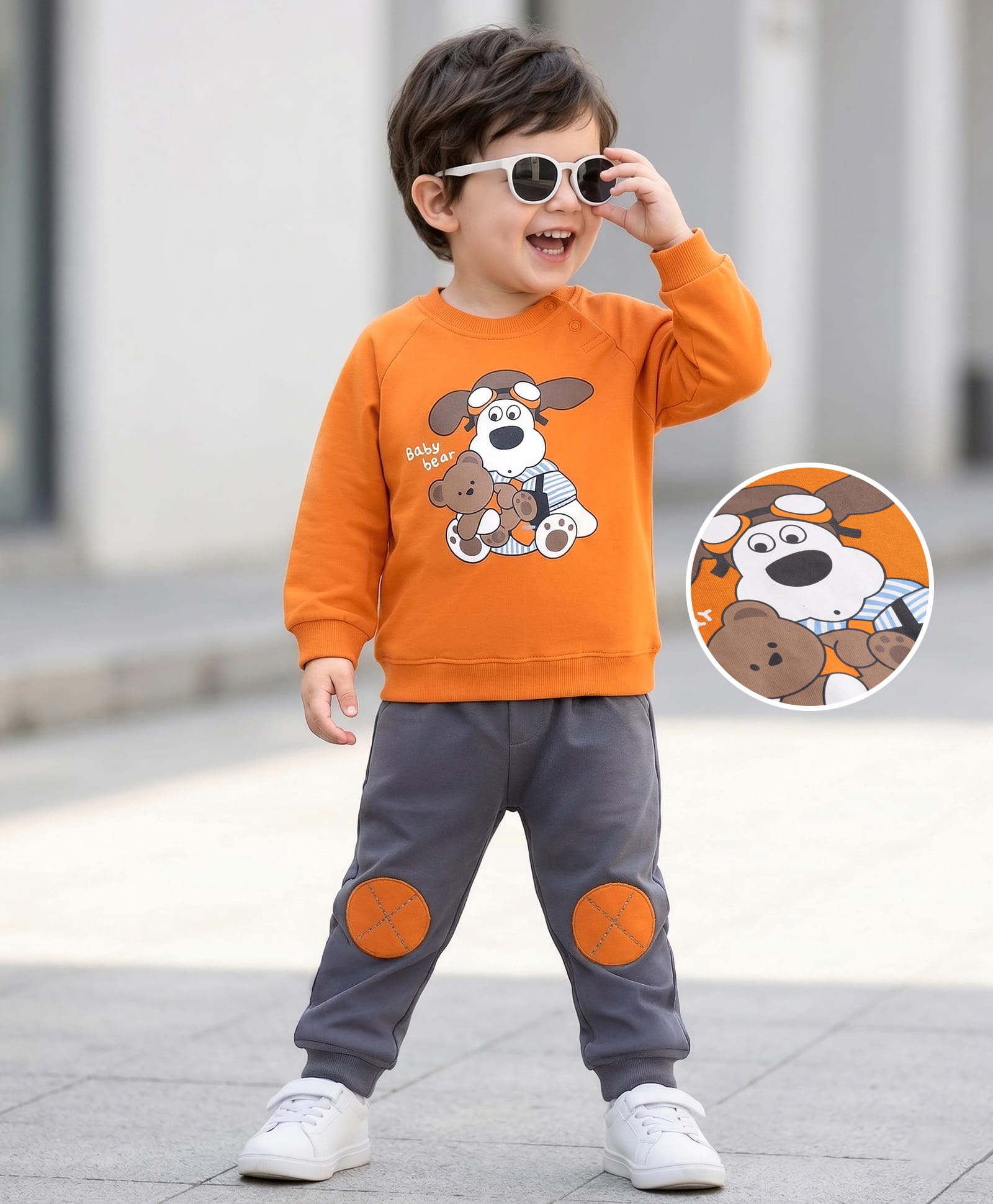 Mark & Mia Terry Knit Full Raglan Sleeves Winter Wear Sweatshirts & Joggers Set with Animal Graphics Print & Applique Detailing - Orange & Charcoal Grey-picture-13