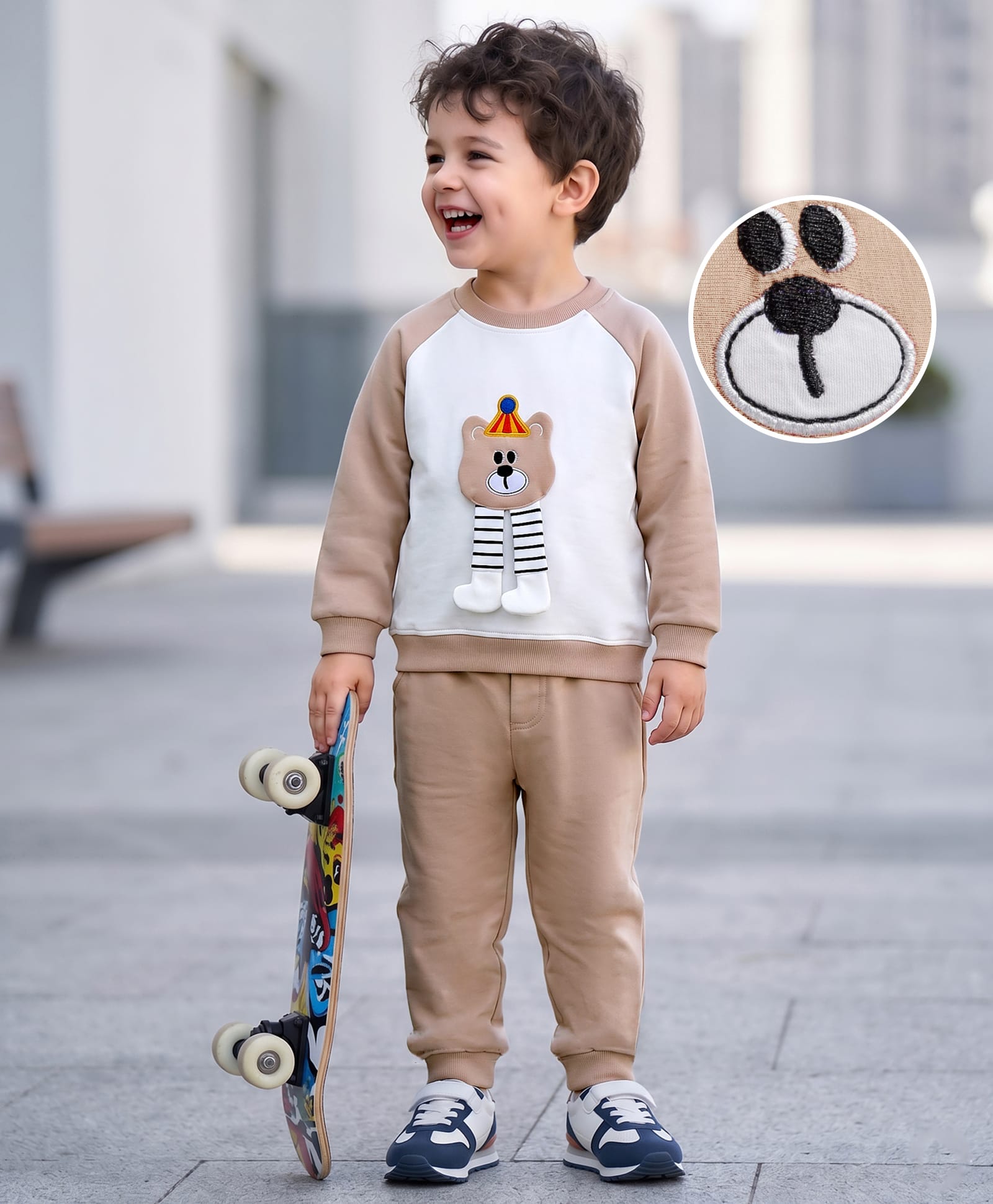 Mark & Mia Terry Knit Full Raglan Sleeves Winter Wear Sweatshirts & Joggers Set with Animal Graphics Print & Applique Detailing - Rust Orange & White-image-20