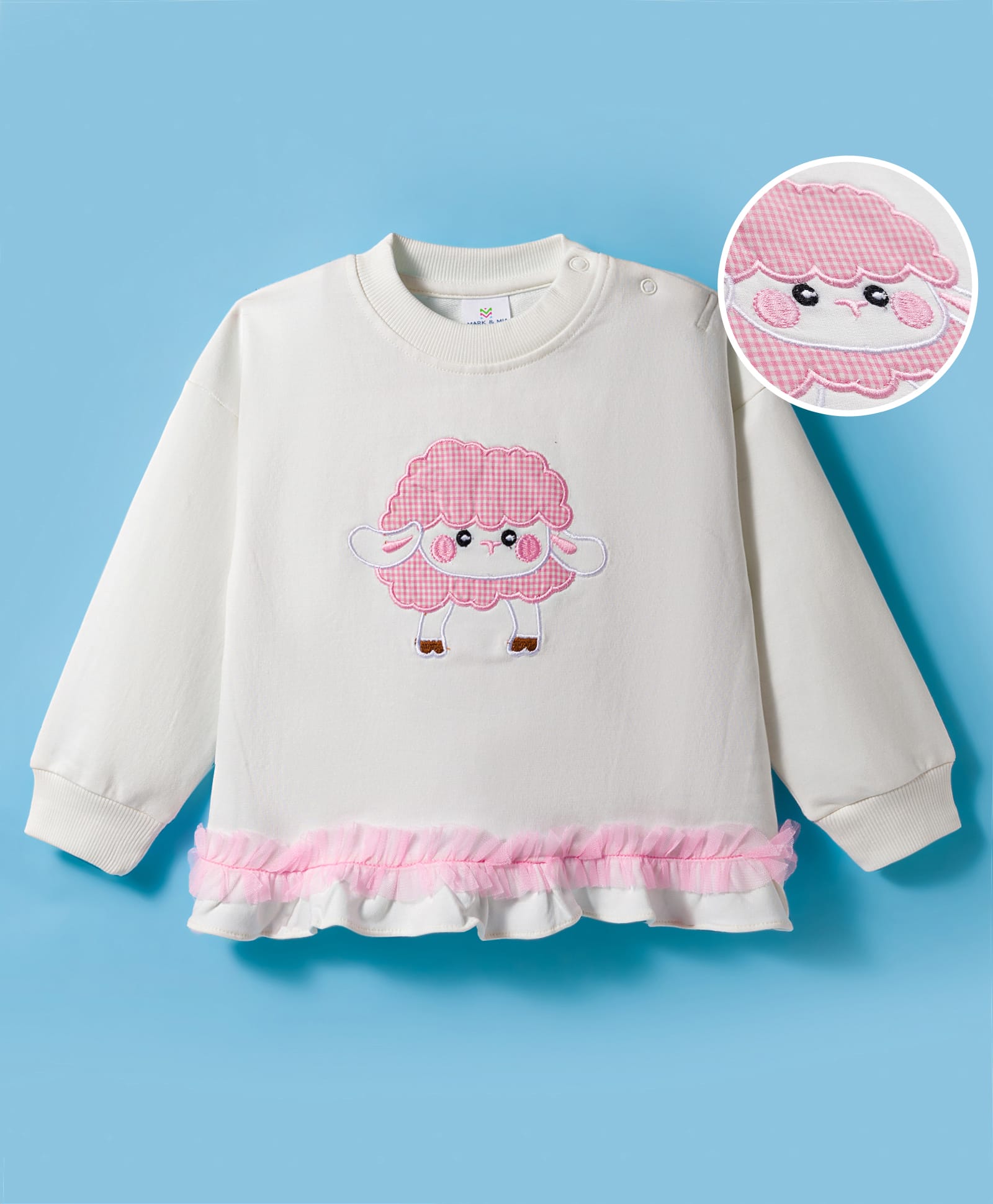 Mark & Mia Terry Knit Full Sleeves Oversize Sweatshirt with Applique & Frill Detailing - Cream & Pink