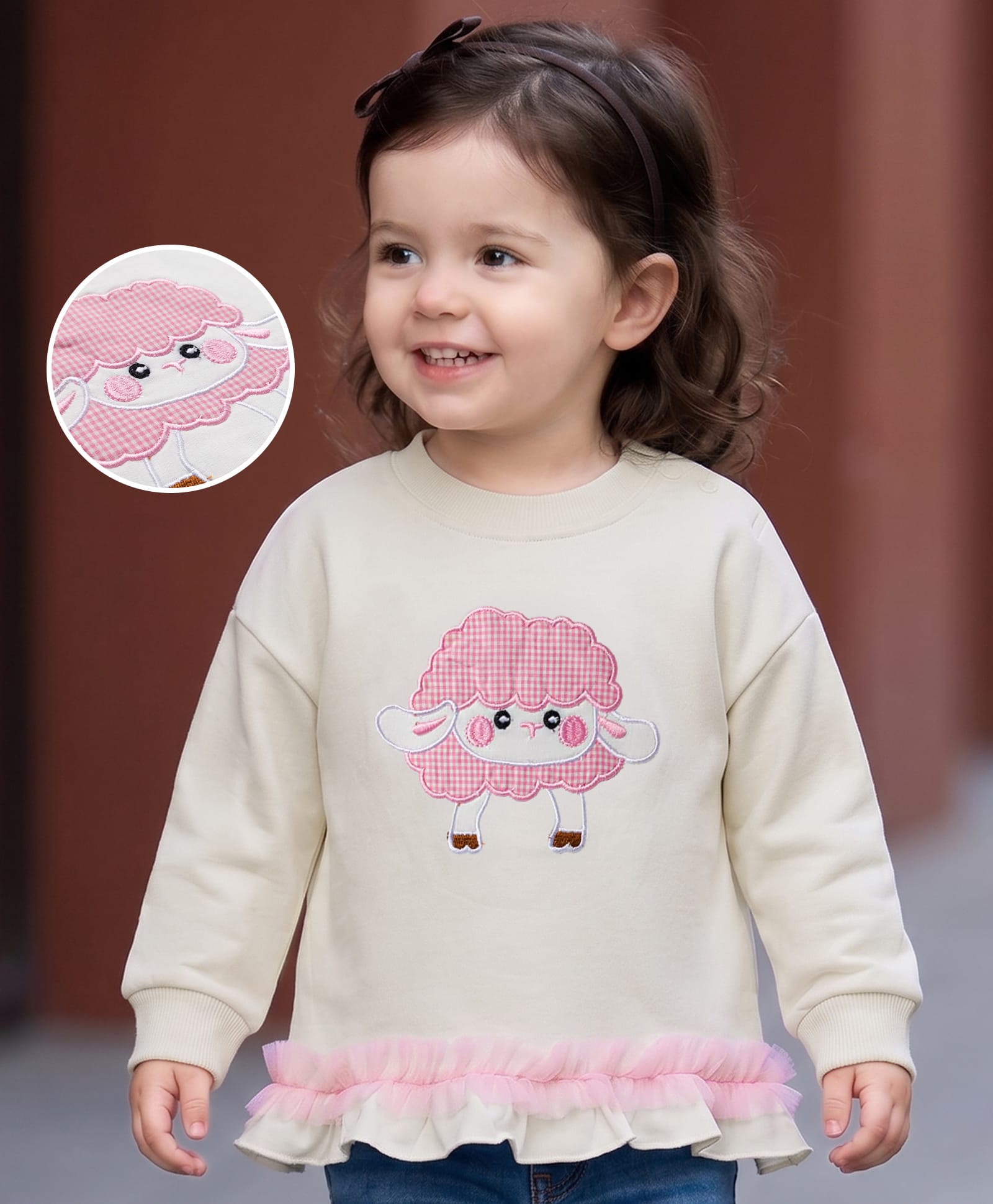 Mark & Mia Terry Knit Full Sleeves Oversize Sweatshirt with Applique & Frill Detailing - Cream & Pink-image-28
