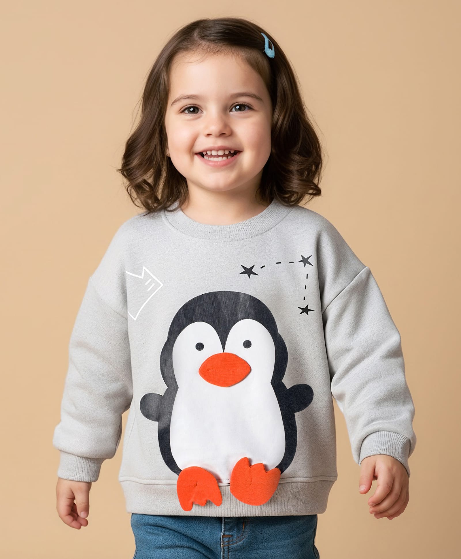 Mark & Mia Terry Full Slevees Oversizes Sweatshirt with Graphics Penguin Print & Paw Applique Detailing - Grey Melange-image-12