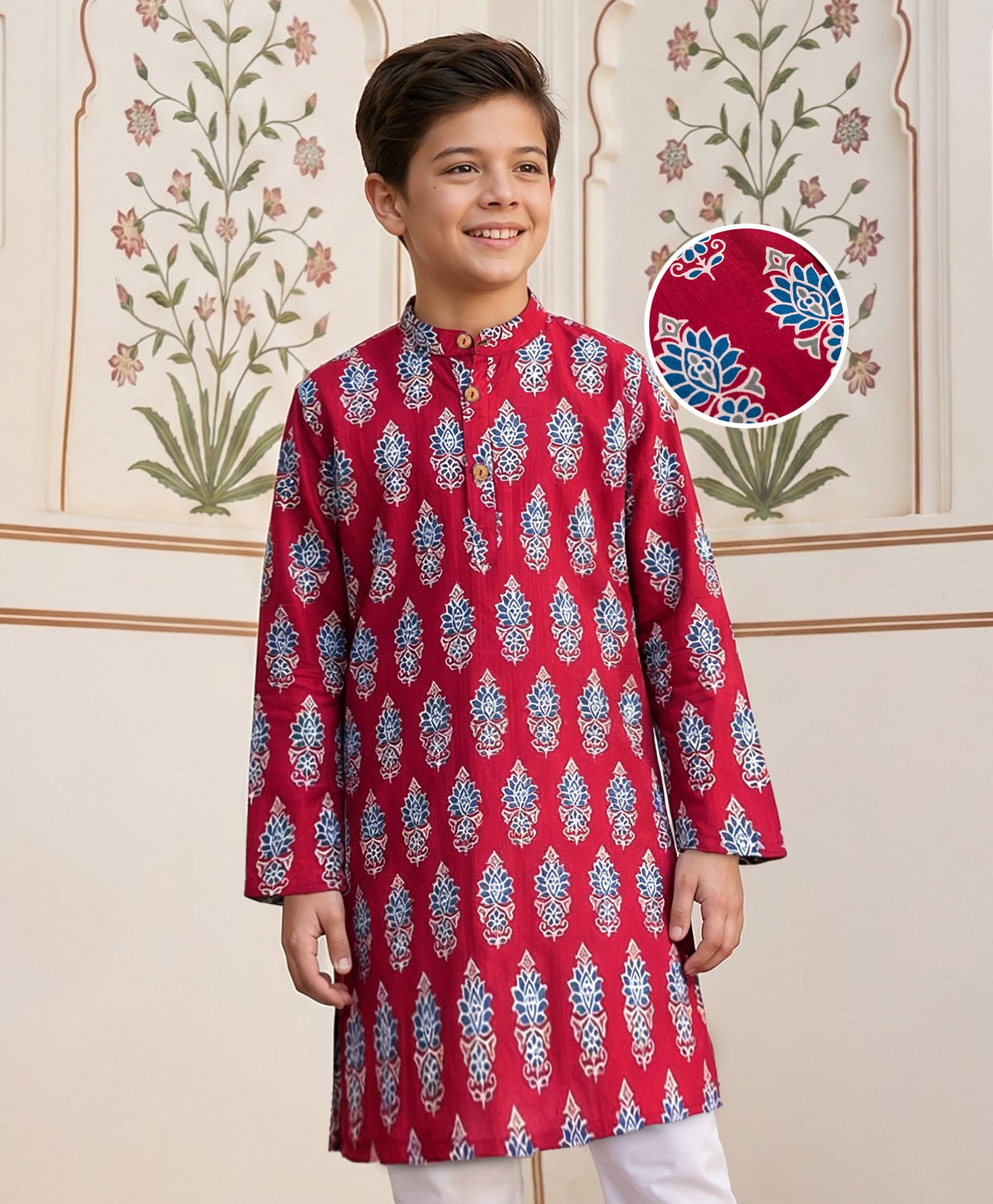 Pine Kids Cotton Woven Mandarin Collar Kurta With Floral Print - Maroon-image-1