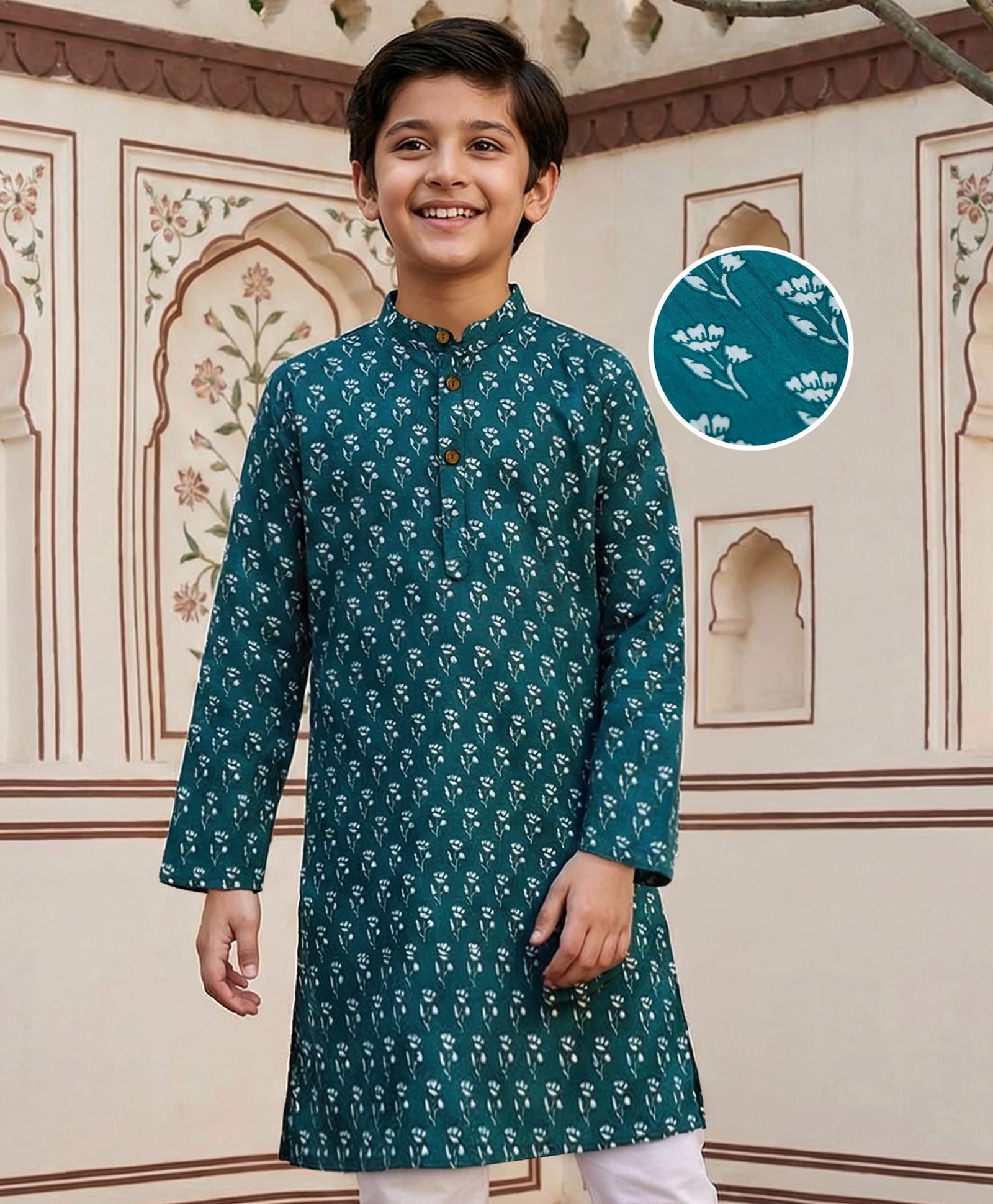 Pine Kids Cotton Woven Full Sleeves Kurta With Floral Print - Navy Blue-picture-31