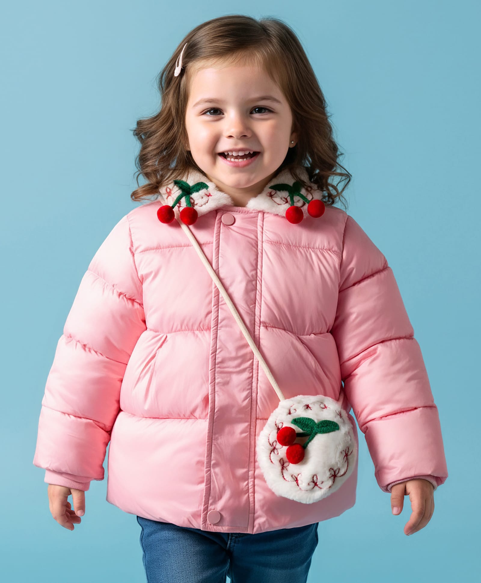 Mark & Mia Full Sleeves Padded Jacket With Cherry Applique & Sling Bag - Pink-image-44