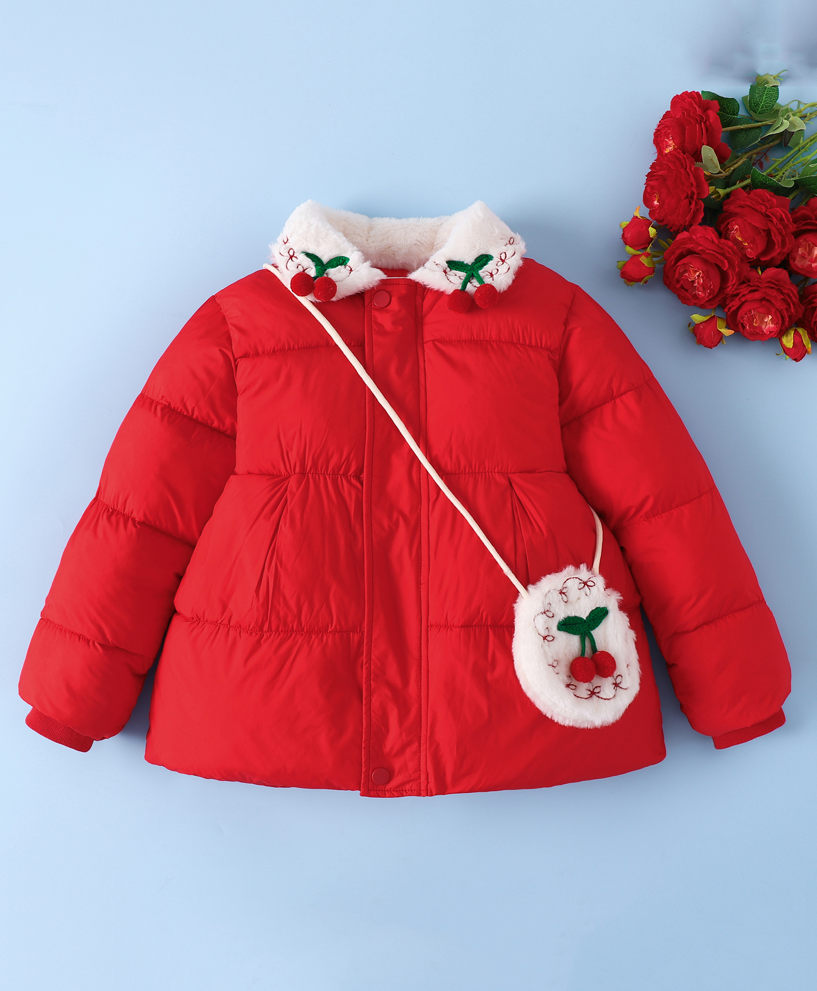 Mark & Mia Full Sleeves Padded Jacket With Cherry Applique & Sling Bag - Red-image-22