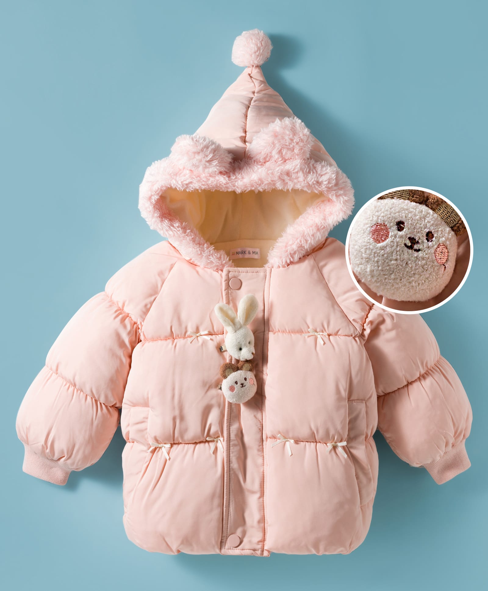 Mark & Mia Full Sleeves Solid Colour Hooded Padded Jacket With Ear Applique & Bunny Applique - Pink-picture-36