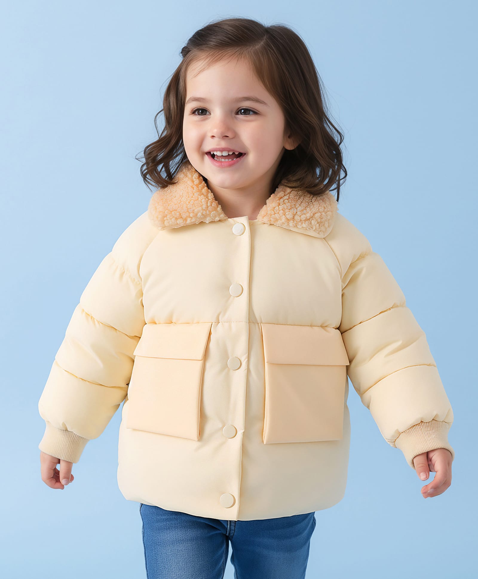 Mark & Mia Full Raglan Sleeves Solid Padded Jacket With Fur Collar - Cream-picture-21