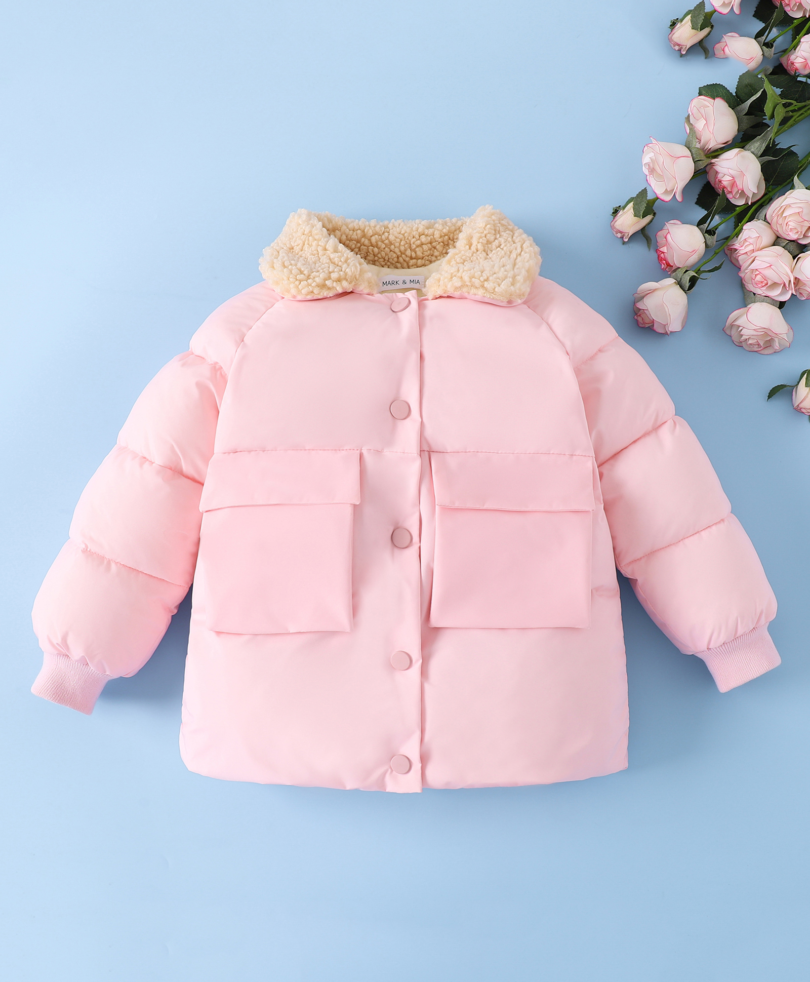 Mark & Mia Full Raglan Sleeves Solid Padded Jacket With Fur Collar - Pink-picture-18