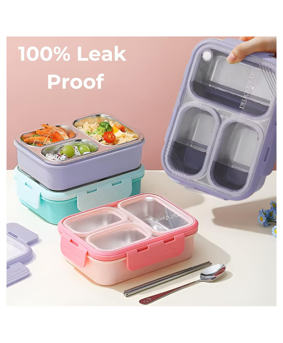 Elecart 710mL 3-Compartment Stainless Steel Lunch Box for Kids & Adults | Leakproof Bento Tiffin with Sauce Container & Spoon | Insulated, Food-Grade, Lightweight & Portable (Pack 1 Random Colour)-picture-28