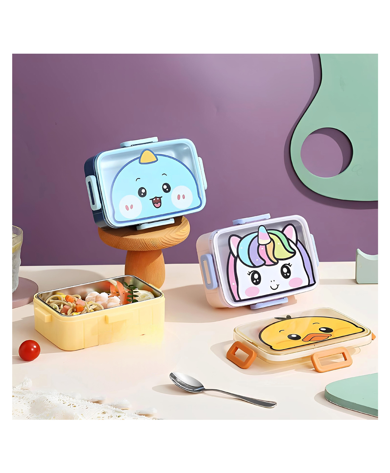Elecart Cartoon Stainless Steel Lunch Box for Kids Reusable, Leakproof Tiffin with Spoon | BPA-Free & Microwave Safe for School (Pack 1 Random Design)-image-27
