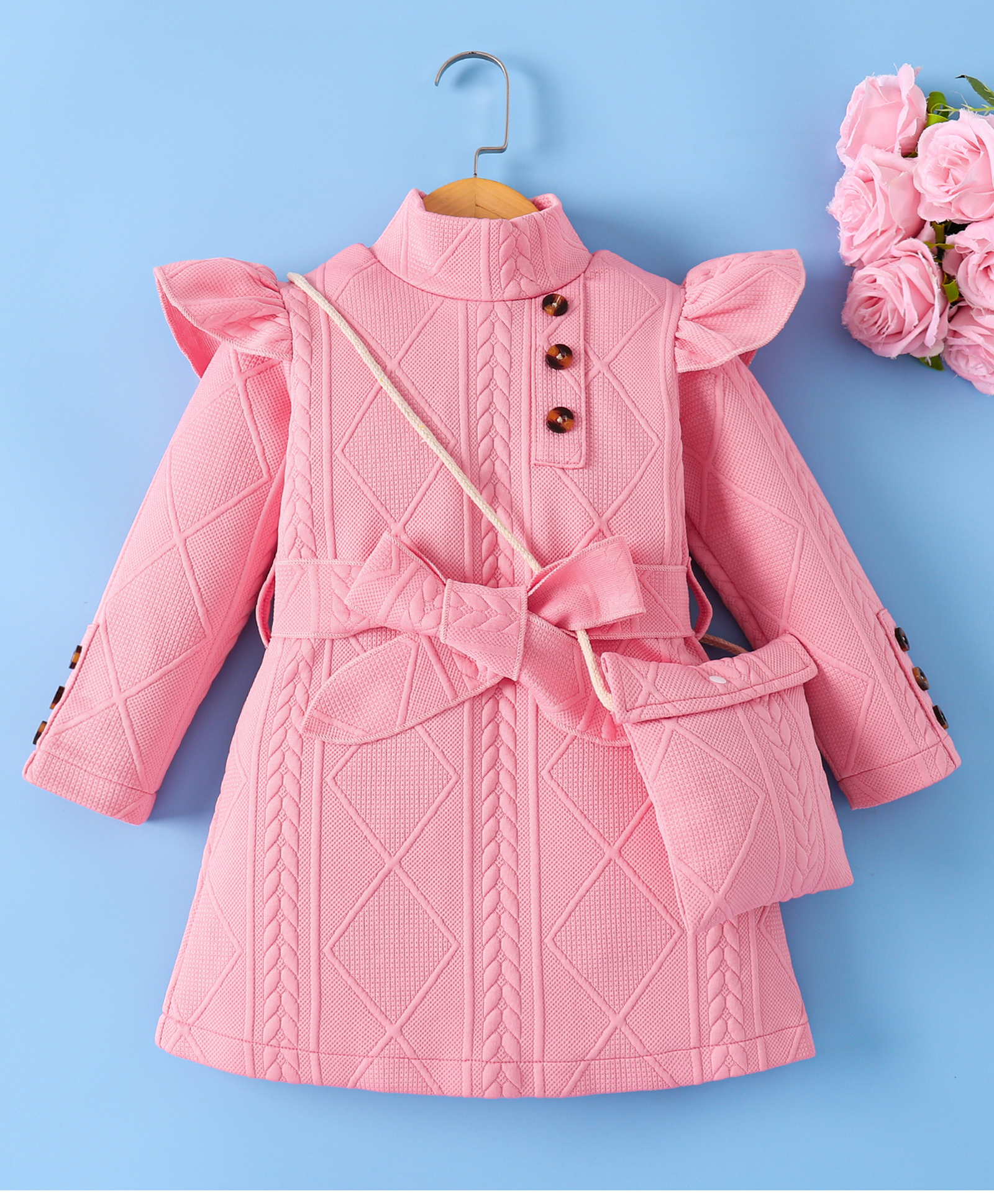 Mark & Mia Full Sleeves Turtle Neck Winter Frock with Sling Bag & Belt & Frill Detailing - Pink-picture-26