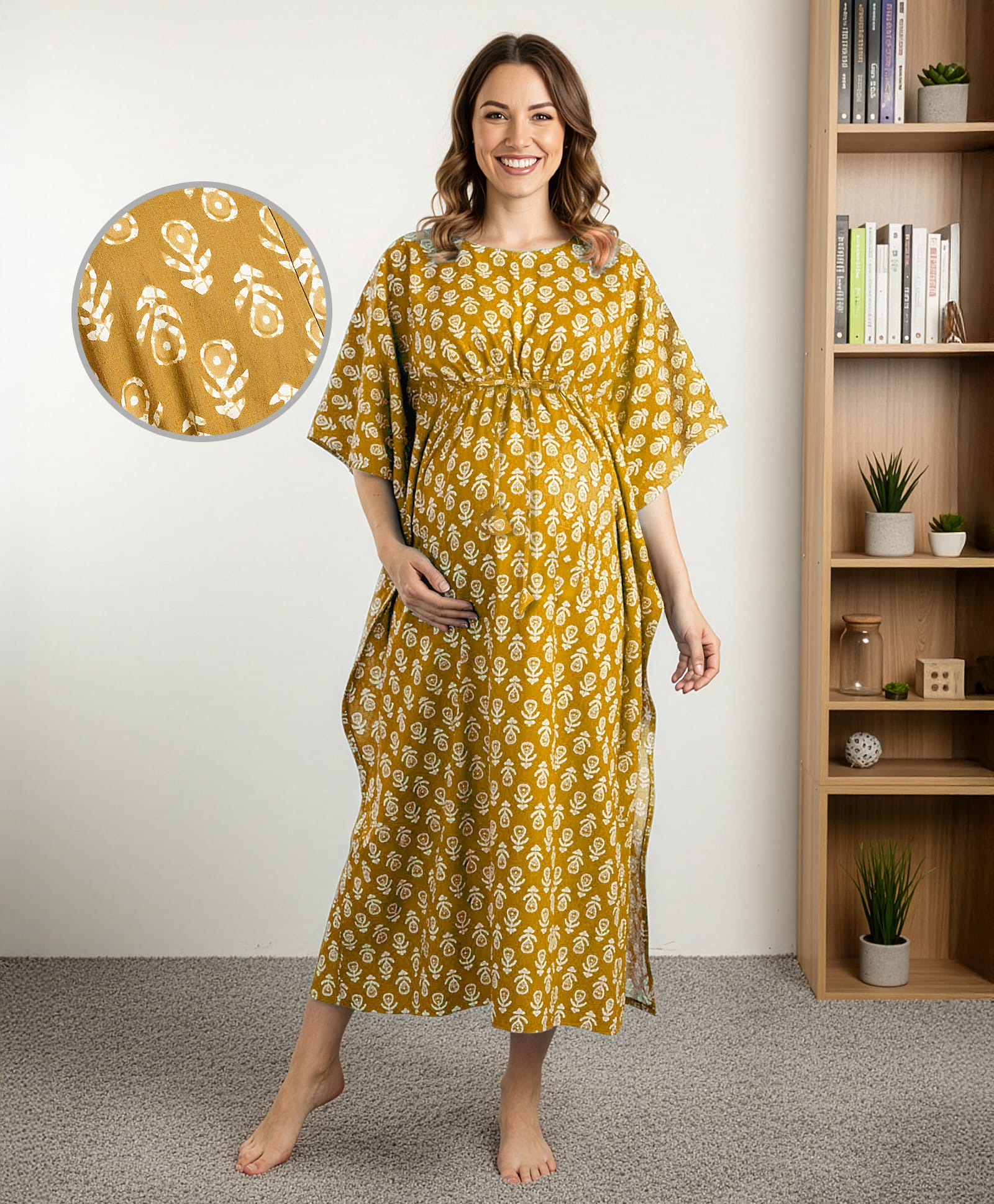 Bella Mama Cotton Woven Half Sleeves Maternity Nursing Kaftan With Floral Print - Yellow