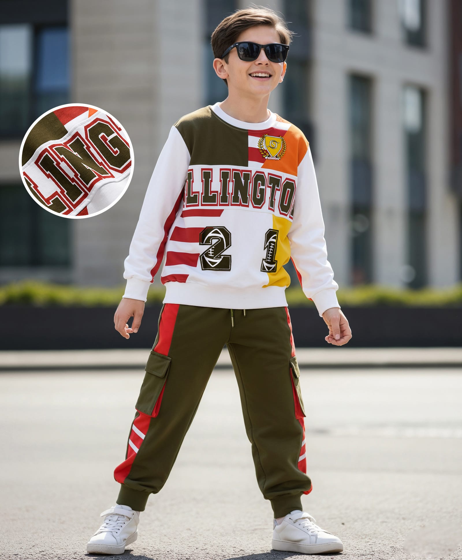OLLINGTON ST. Cotton Knit Full Sleeves Brand Name Printed Sweatshirt & Knit Joggers Set - White & Olive Green-image-15