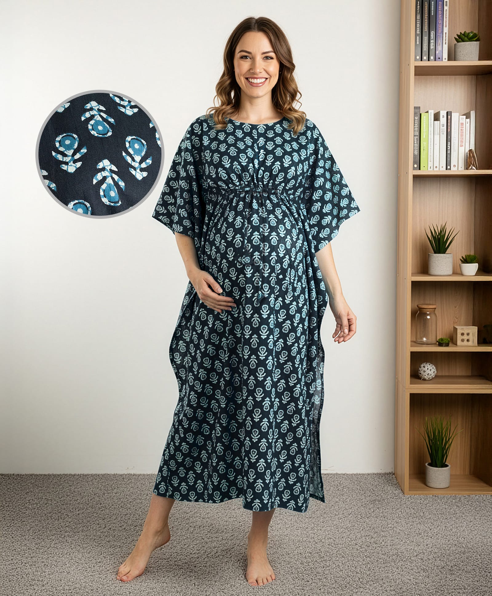 Bella Mama 100% Cotton Woven Maternity Kaftan Nursing Nighty with Floral Print - Black