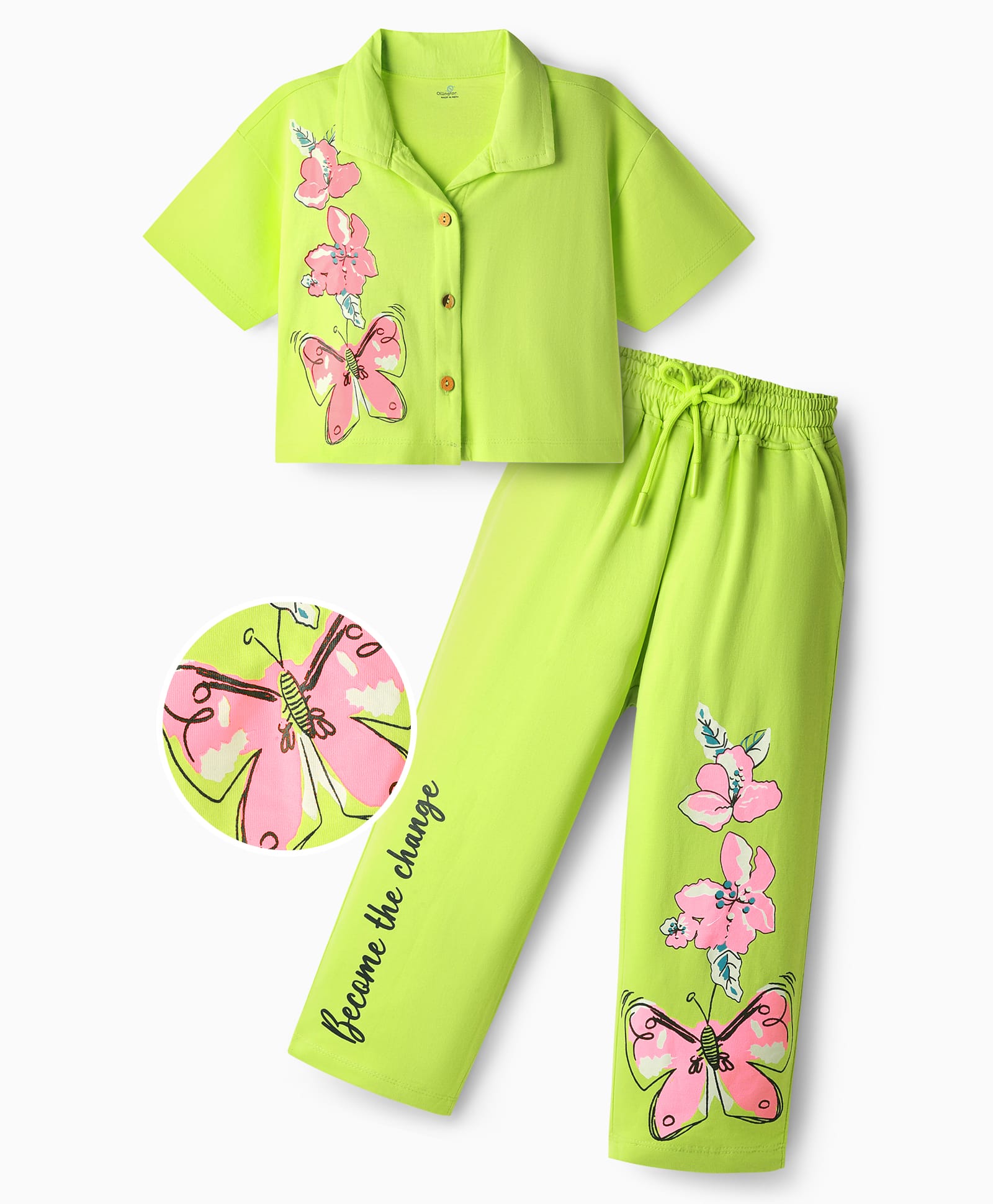 OLLINGTON ST. Cotton Knit Half Sleeves Shirt Top & Knit Trouser With Floral Print - Neon Green-picture-23