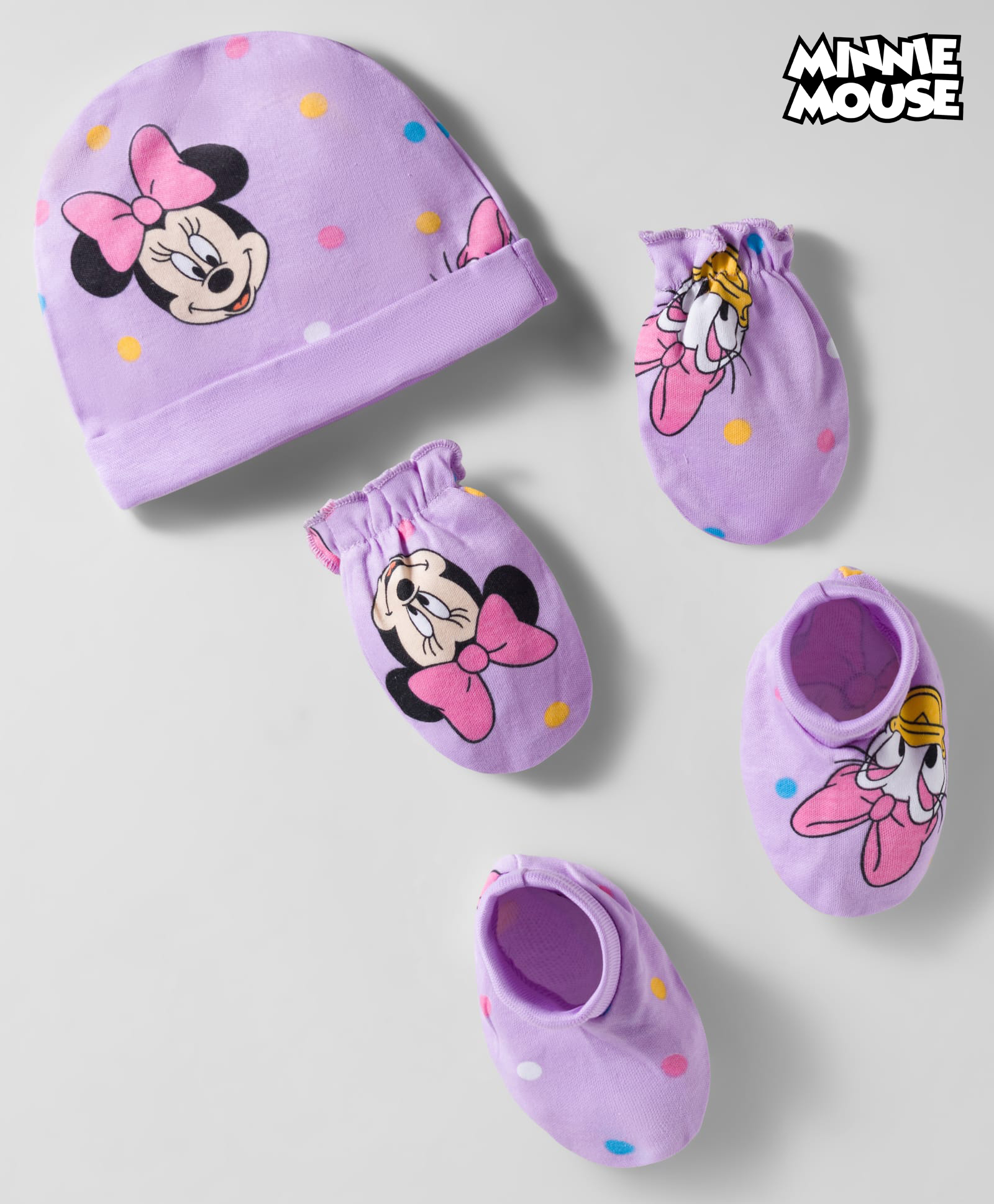 Babyhug Disney Interlock Knit Cap Mittens & Booties With Minnie & Friends Print Lavender - Diameter 11 cm-picture-25