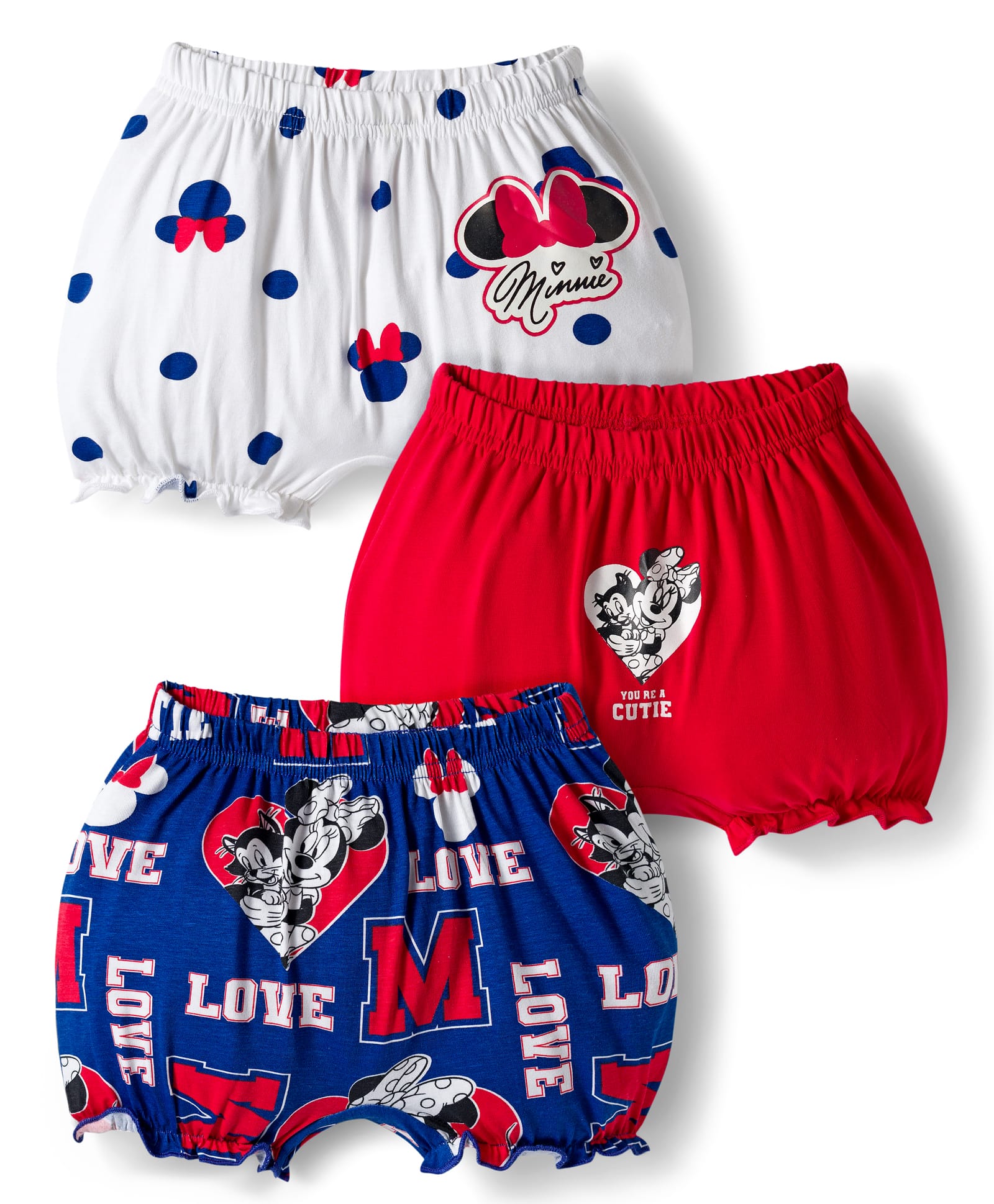 Babyhug Disney Single Jersey Knit Bloomers with Minnie Mouse Graphics Pack of 3 - White Red & Blue-image-23