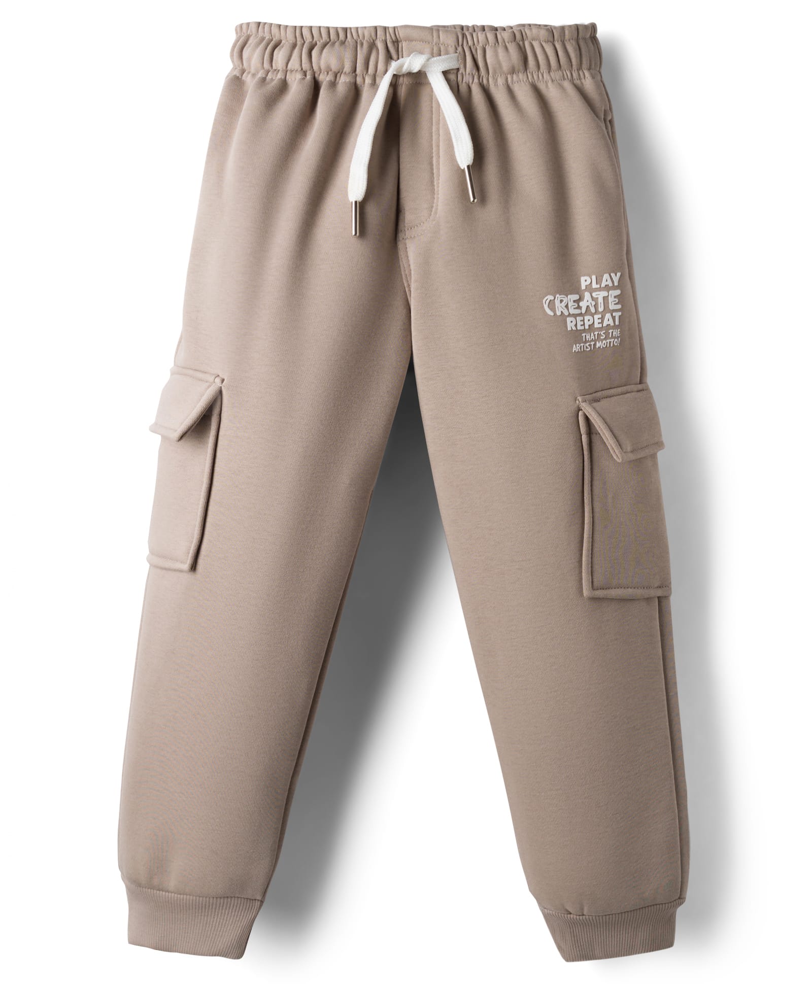 Smarty Sniker Knit Full Length Lounge Pants with Cargo Pockets & Text Print - Beige-image-4