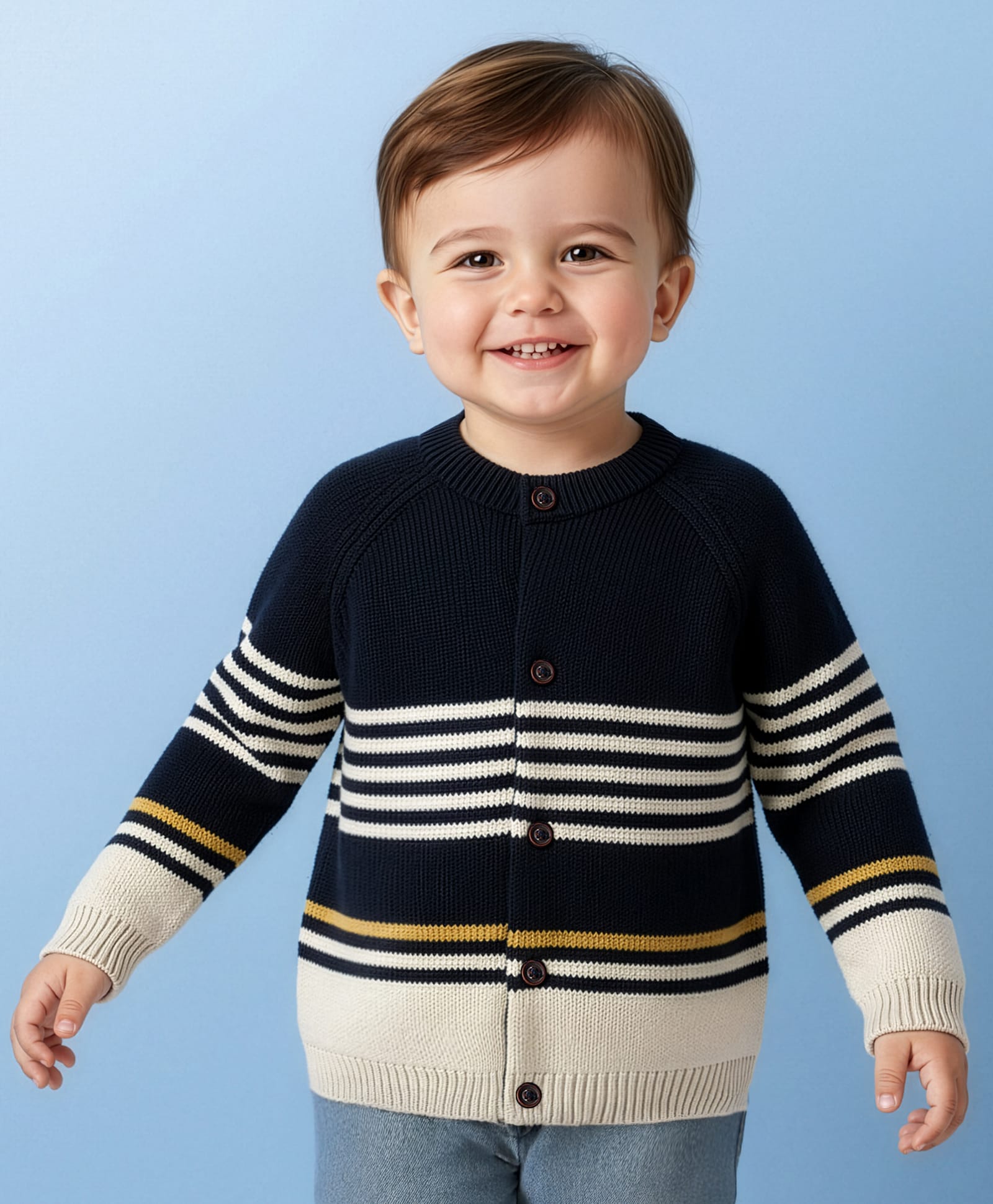 Babyoye 100% Cotton Knitted Full Sleeves Striped Front Open Sweater - Navy Blue-image-22