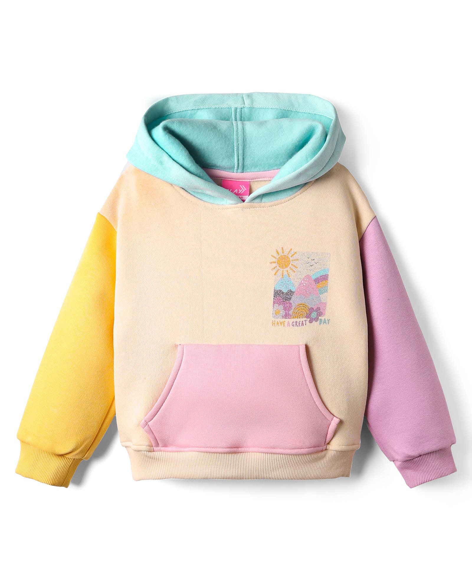 Little Kangaroos Woven Drop Shoulder Full Sleeves Colour Block Hooded Sweatshirt With Kangaroo Pockets & Print Detailing - Multi Colour-image-28