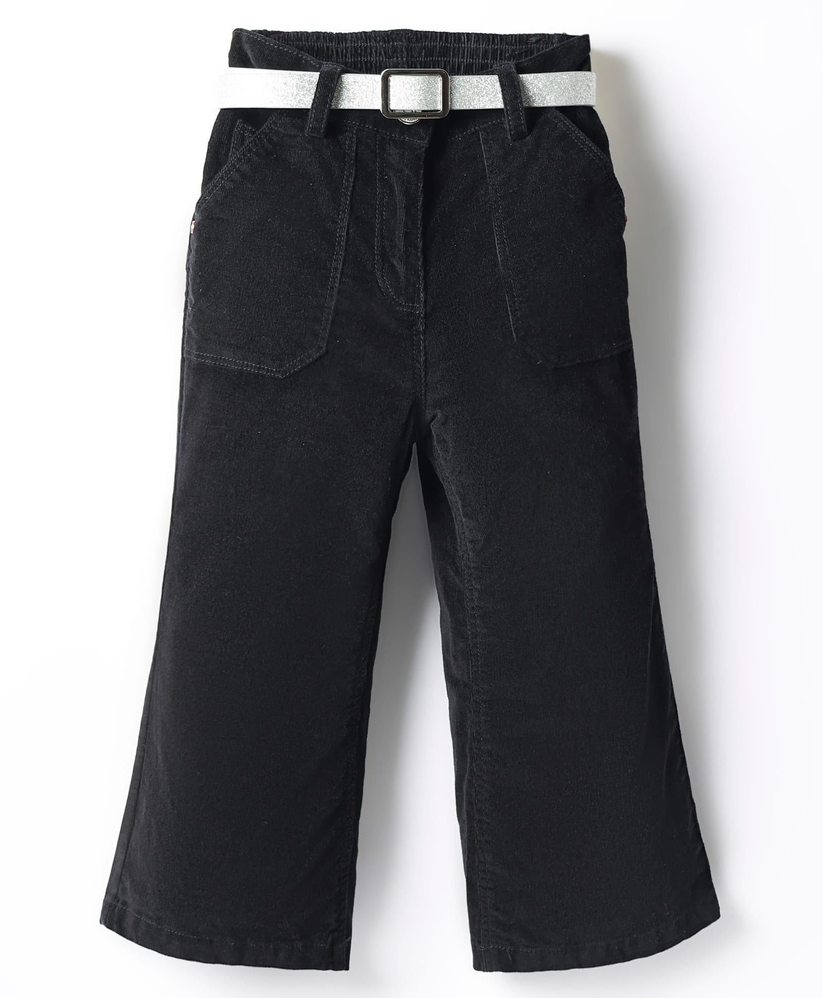 Little Kangaroos Cotton Lycra Woven Full Length Solid Color Trousers with Belt - Black-picture-15