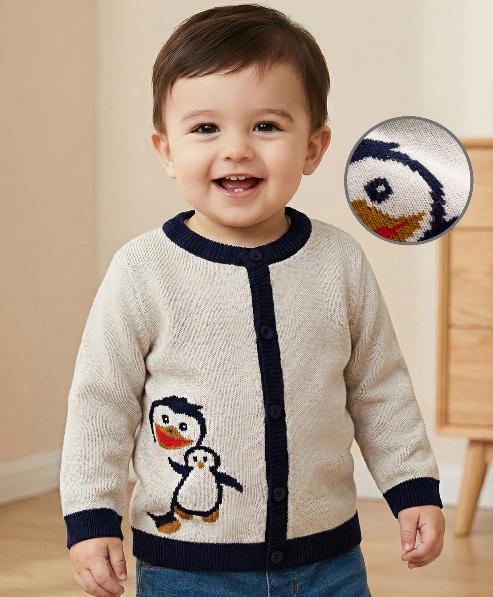 Babyoye Cotton Knit Full Sleeves Front Open Sweater With Animal Design - Cream-picture-31