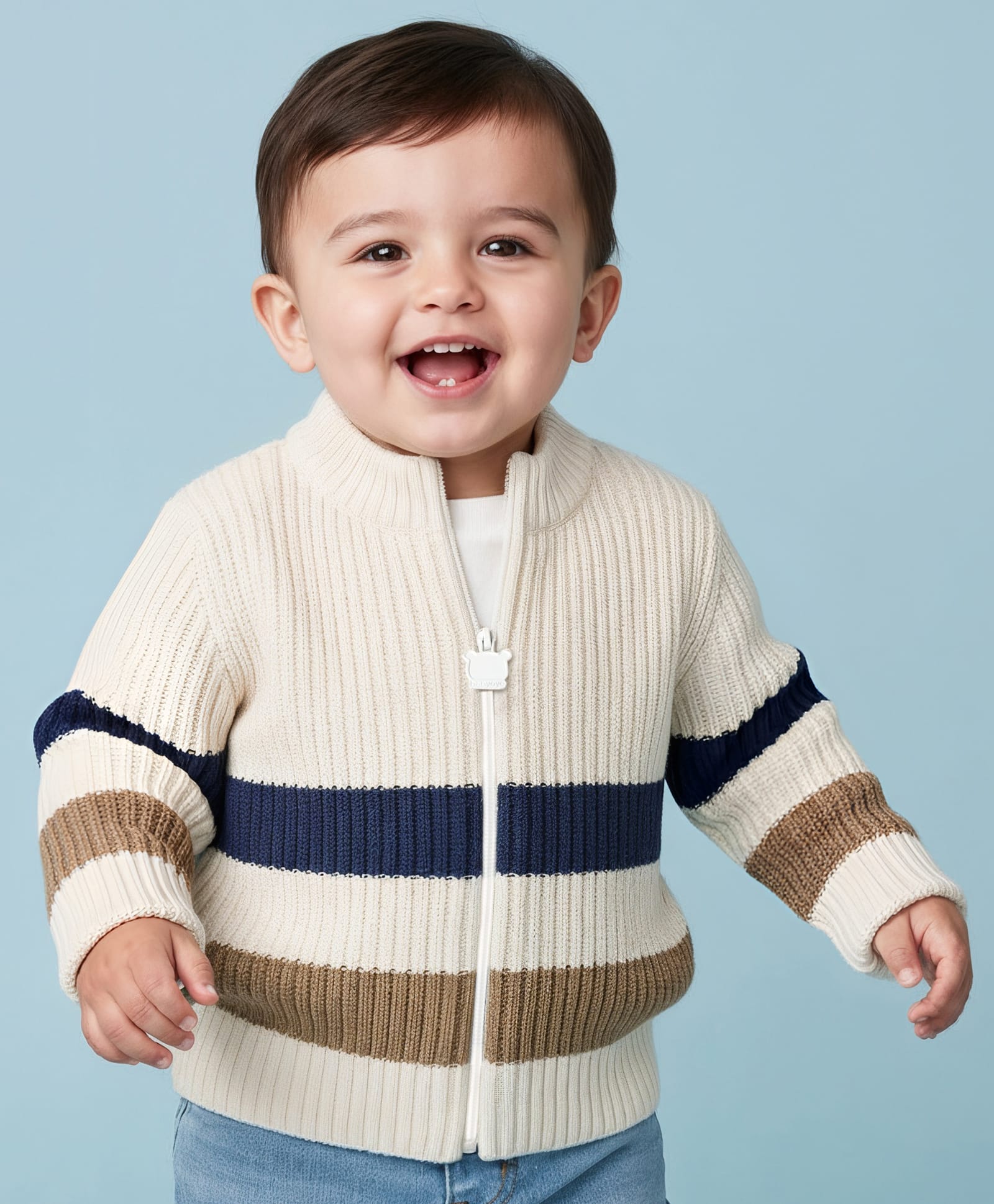 Babyoye 100% Cotton Knit Striped Full Sleeves Front Open Sweater - Off White-picture-32