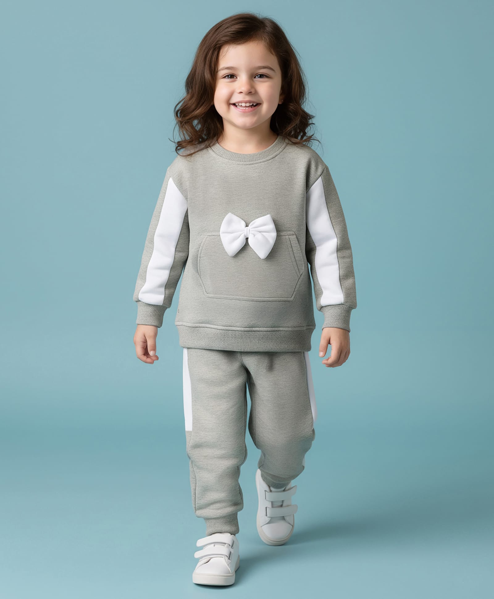 Mark & Mia Cotton Knit Full Sleeves Cut & Sew Design T-Shirt & Lounge Pant With Bow Applique & Kangaroo Pocket Detailing - Grey-picture-20