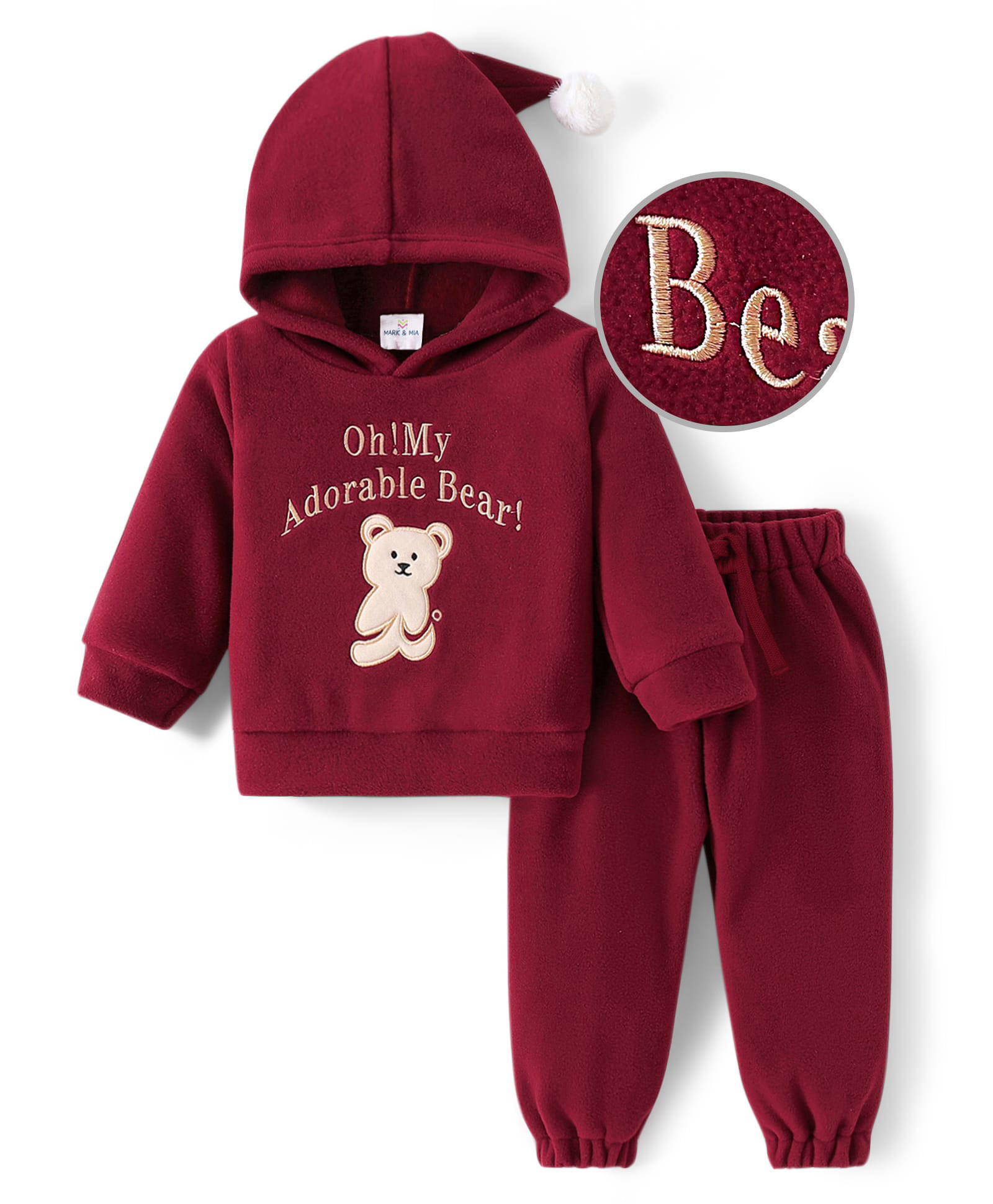 Mark & Mia Cotton Knit Hooded Sweatshirt & with Joggers Set with Bear Applique & Embroidery Detailing - Maroon-image-38