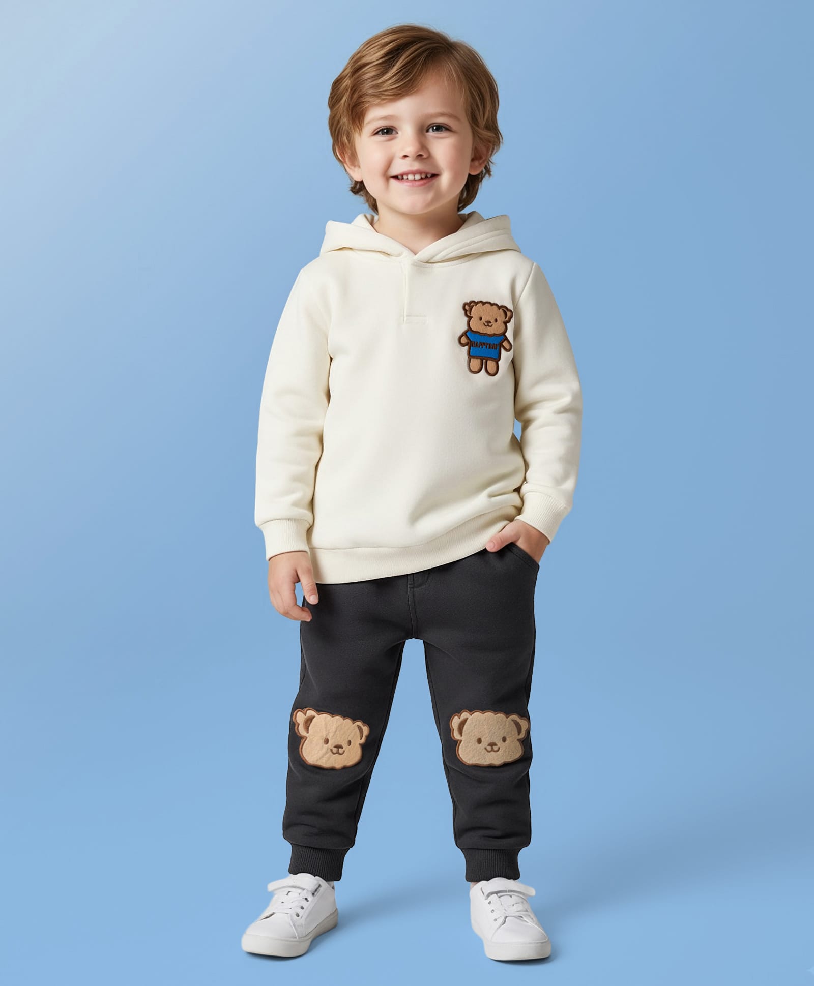 Mark & Mia Cotton Full Sleeves Hooded Sweatshirt & Lounge Pant Set With Animal Embriodery - Cream & Black-image-44