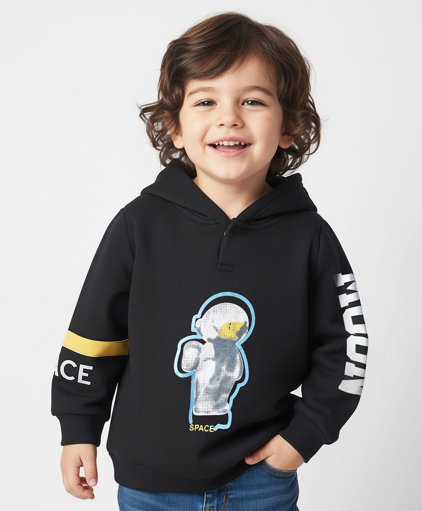 Mark & Mia Cotton Knit Full Sleeves Hooded Sweatshirt With Space Theme Print - Black-picture-13