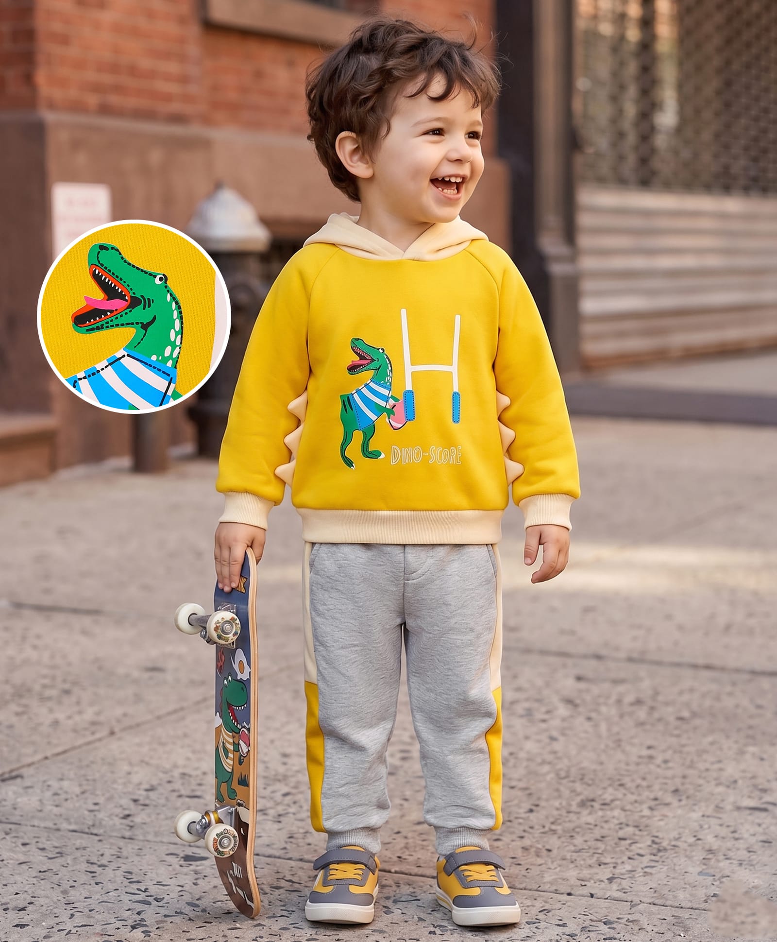 Mark & Mia Cotton Knit Full Sleeves Hooded Sweatshirt & Joggers with Dino Print & Spikes Detailing - Yellow & Grey-picture-16