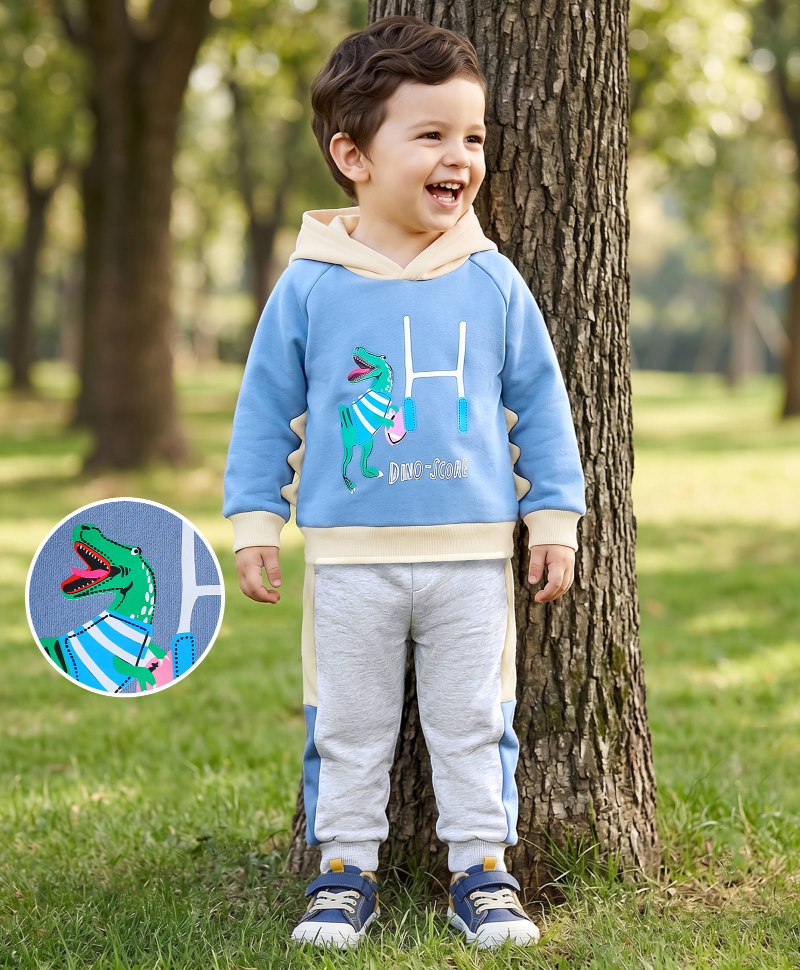 Mark & Mia Cotton Knit Full Sleeves Hooded Sweatshirt & Joggers with Dino Print & Spikes Detailing - Blue & Grey-picture-15