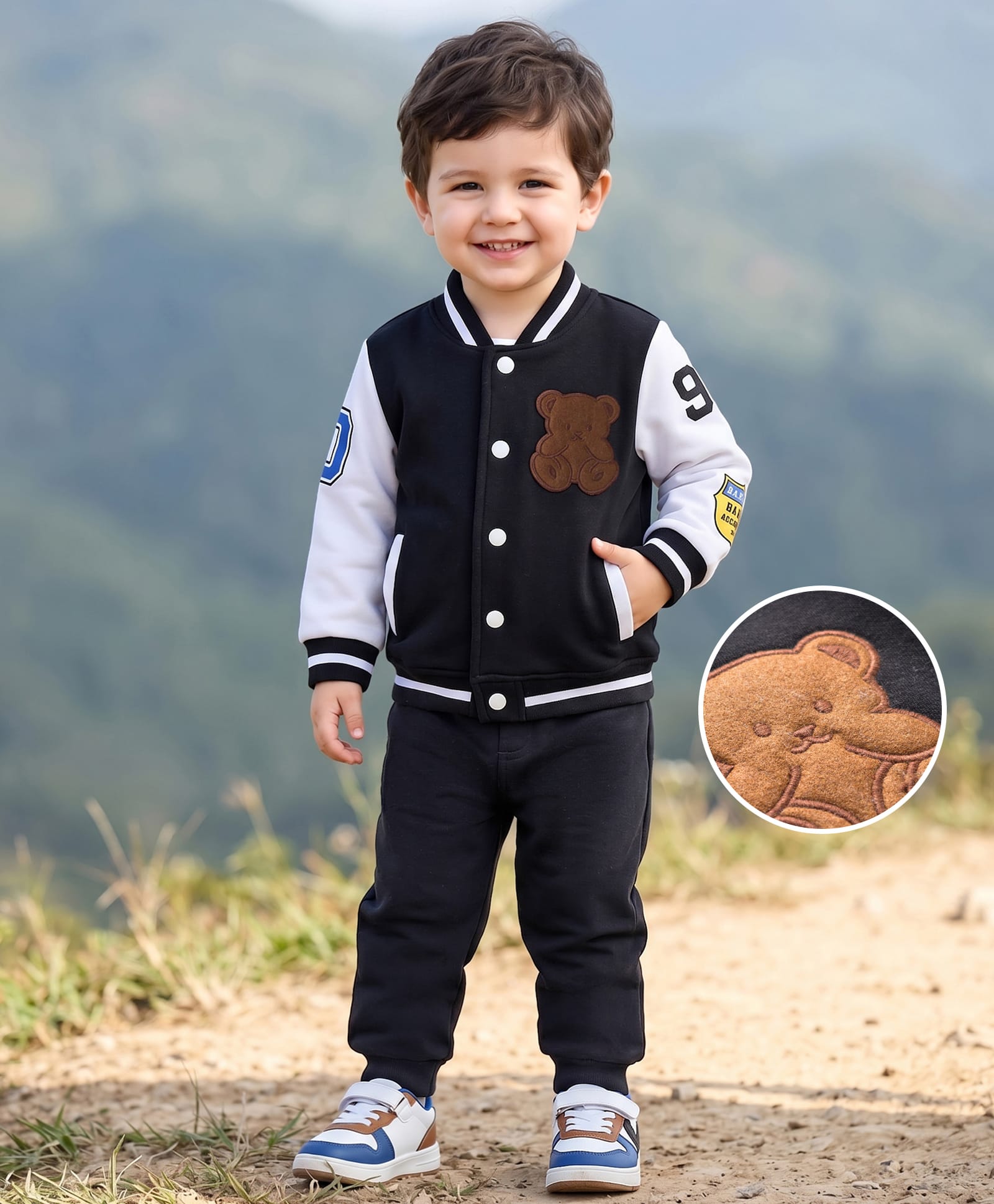 Mark & Mia Knit Full Sleeves Bomber Jacket & Lounge Pant Set With Teddy Bear Patch - Black-picture-21