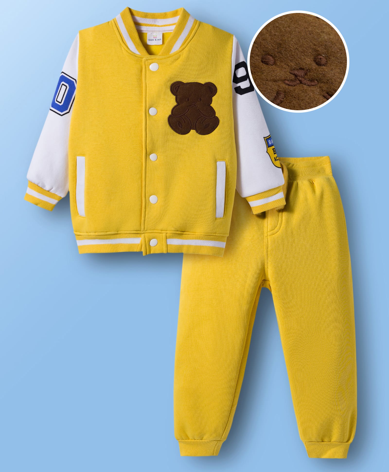 Mark & Mia Knit Full Sleeves Bomber Jacket & Lounge Pant Set With Teddy Bear Patch - Yellow-image-49