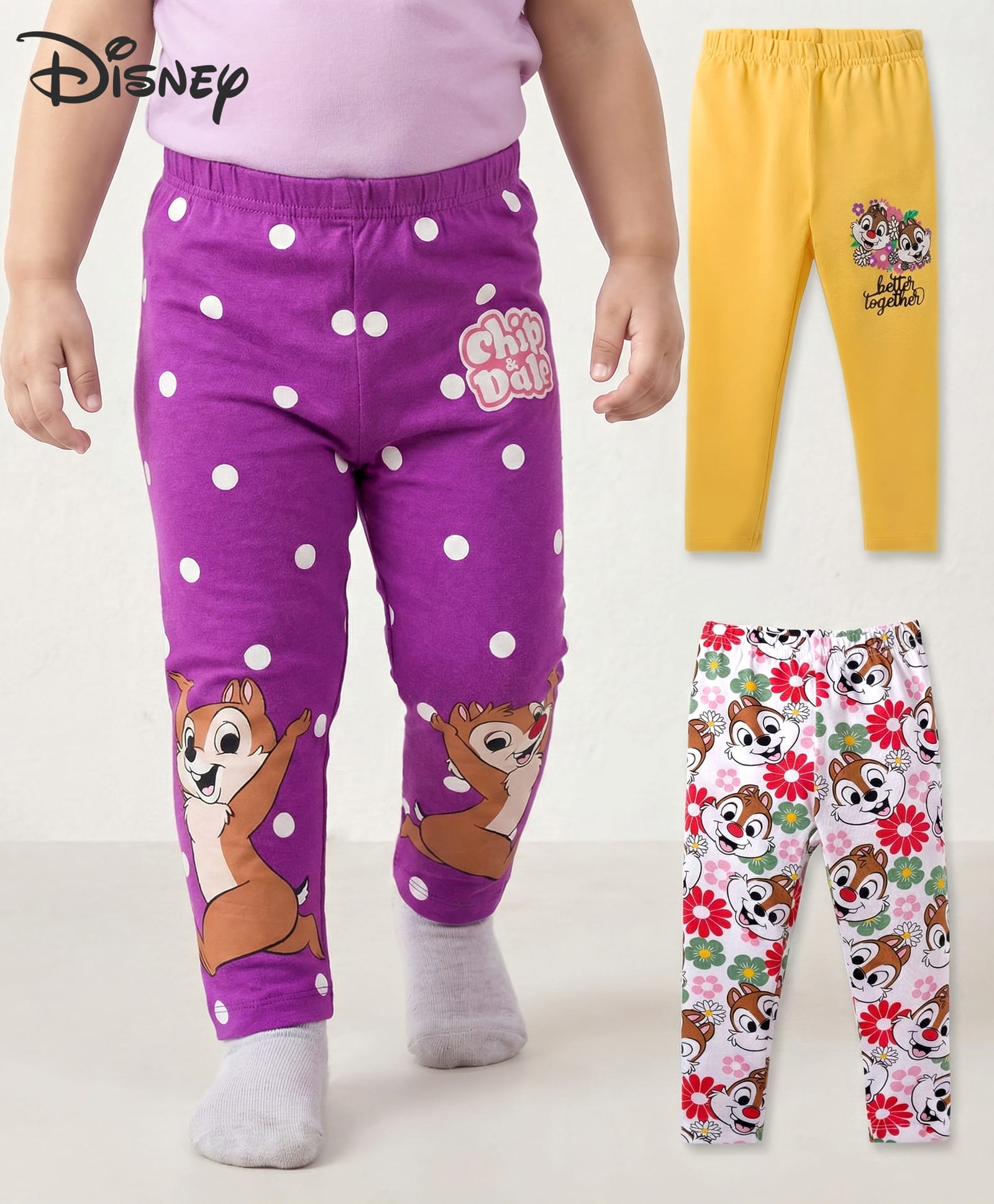 Babyhug Disney Cotton Lycra Knit Full Length Leggings with Chip'N Dale Graphics Pack of 3 - White Yellow & Purple-picture-18