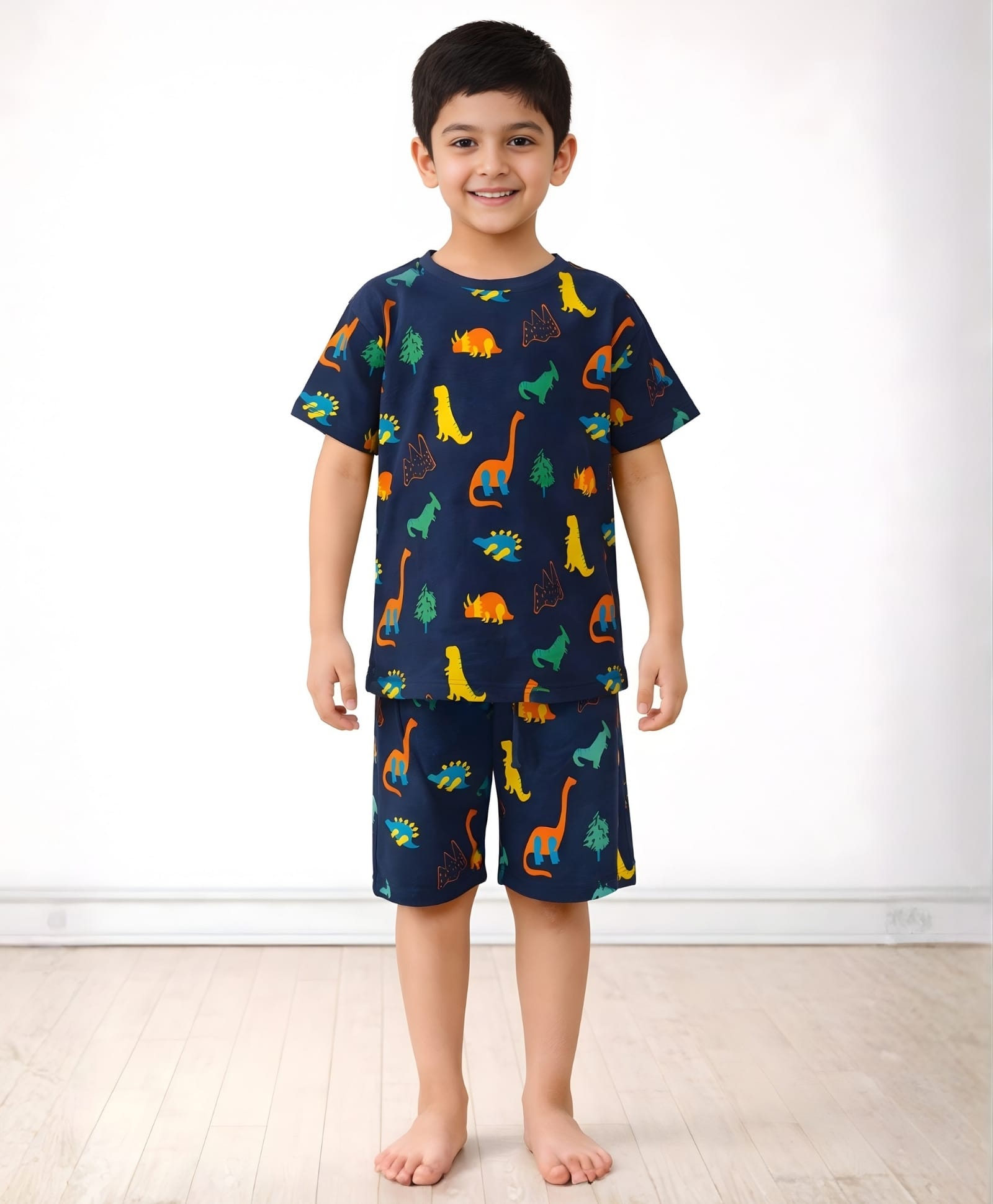 Anthrilo 100% Organic Cotton Knit Half Sleeves Dinosaurs Printed Coordinating Night Suit Set - Navy Blue-image-25