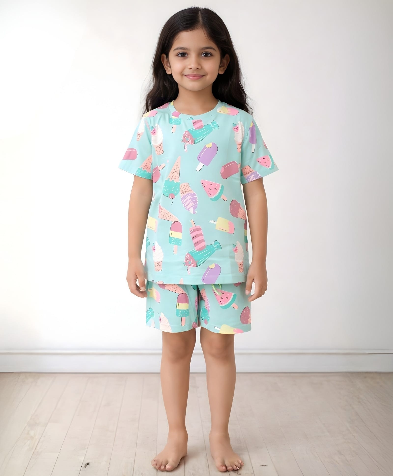 Anthrilo 100% Organic Cotton Knit Half Sleeves Ice Cream Printed Coordinating Night Suit Set - Aqua Blue-picture-22