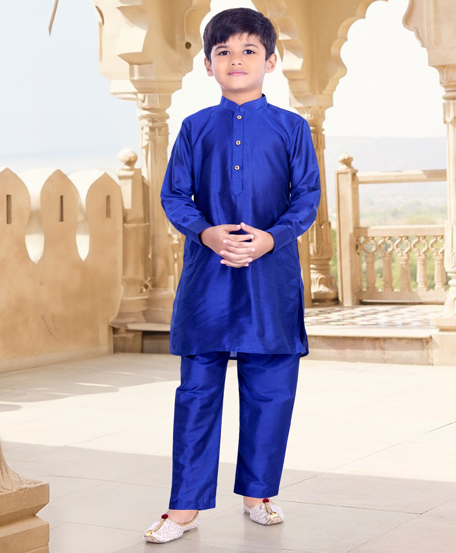 Pehanaava Jute Woven Full Sleeves Solid Pathani Style Kurta Pyjama Set - Royal Blue-image-32