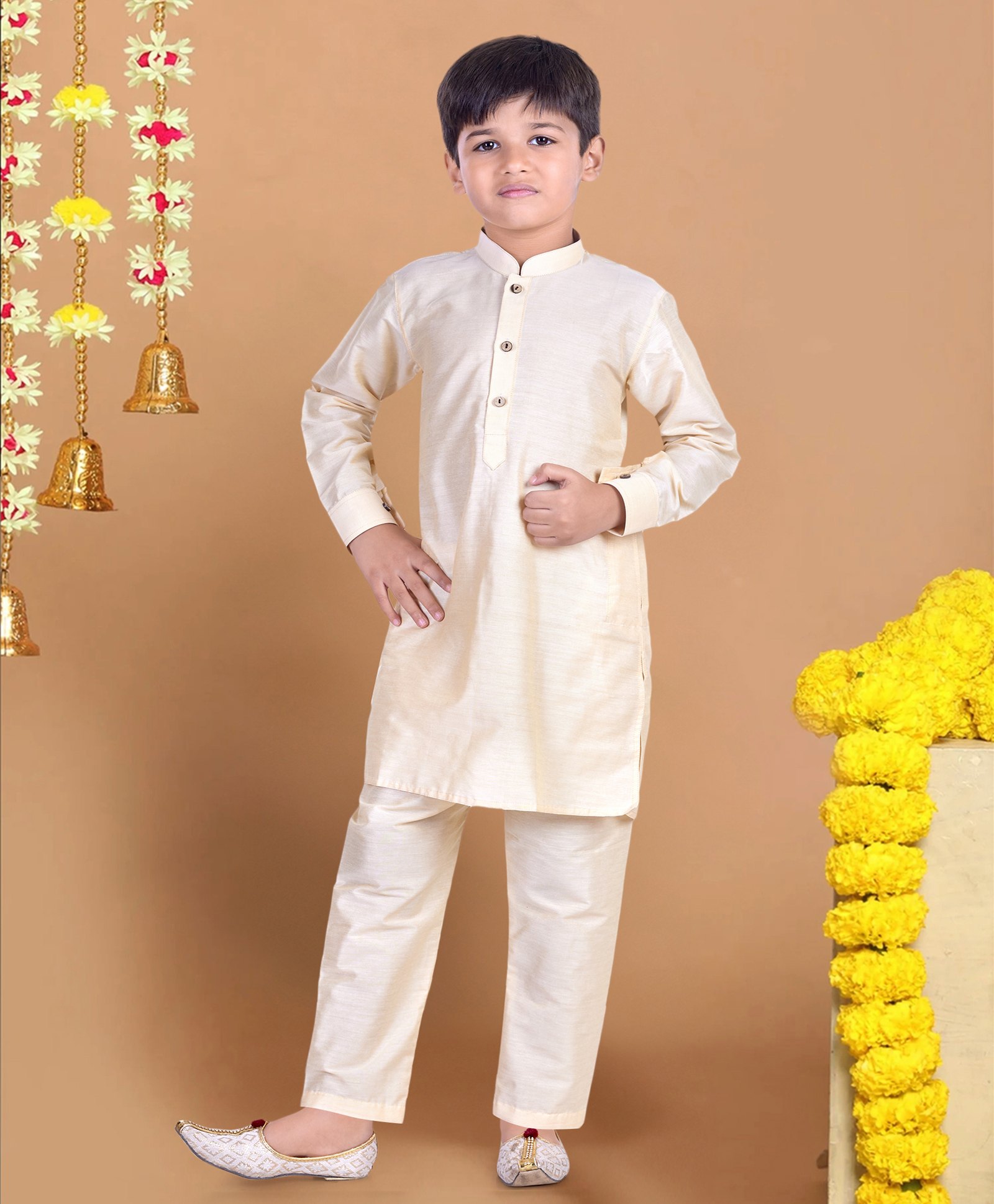 Pehanaava Jute Woven Full Sleeves Solid Pathani Style Kurta Pyjama Set - Beige-image-39
