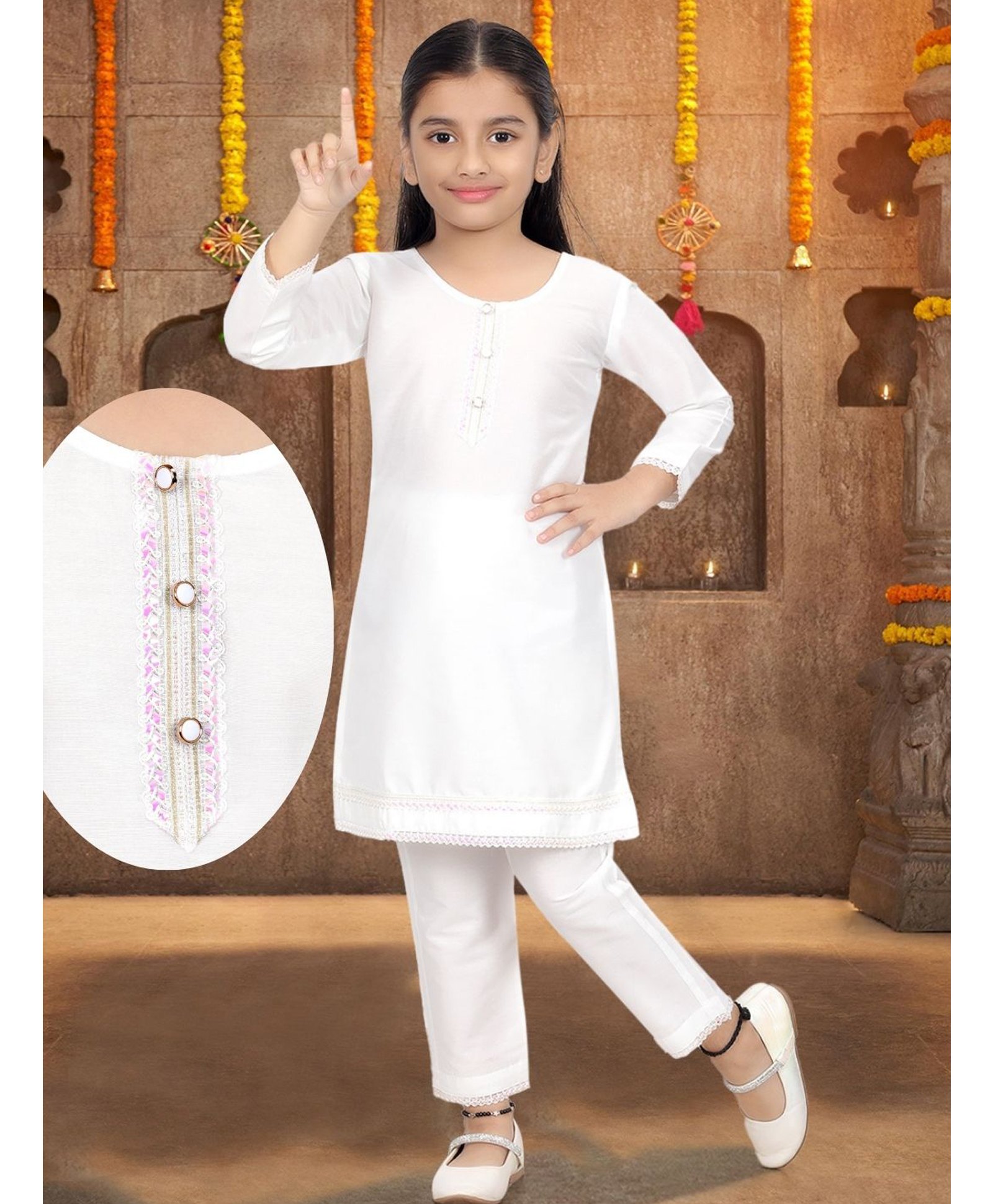 Pehanaava Jute Woven Three Fourth Sleeves Lace Embellished Kurti Pant Set - White-image-17