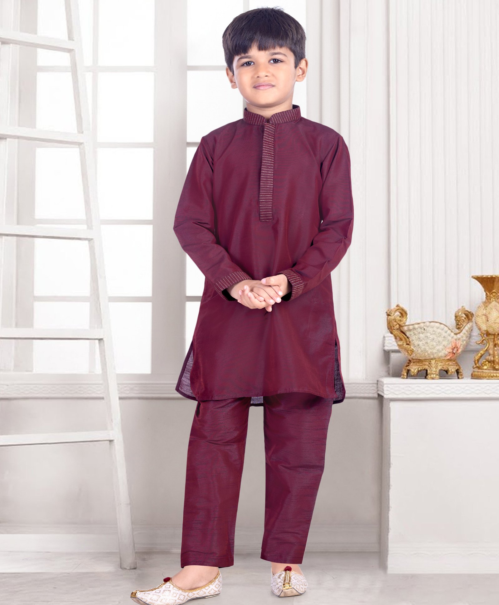 Pehanaava Cotton Woven Full Sleeves Placket Striped Embroidered Kurta Pyjama Set - Maroon-image-5