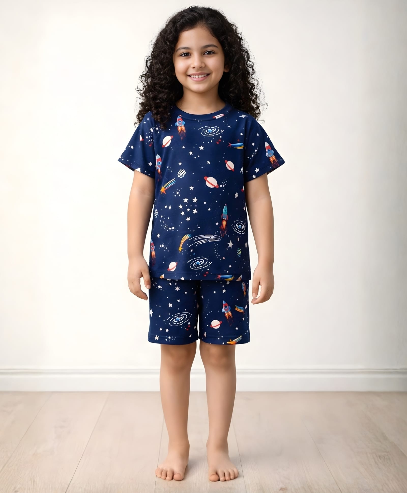 Anthrilo 100% Organic Cotton Knit Half Sleeves Space Theme Printed Coordinating Night Suit Set - Blue-picture-40