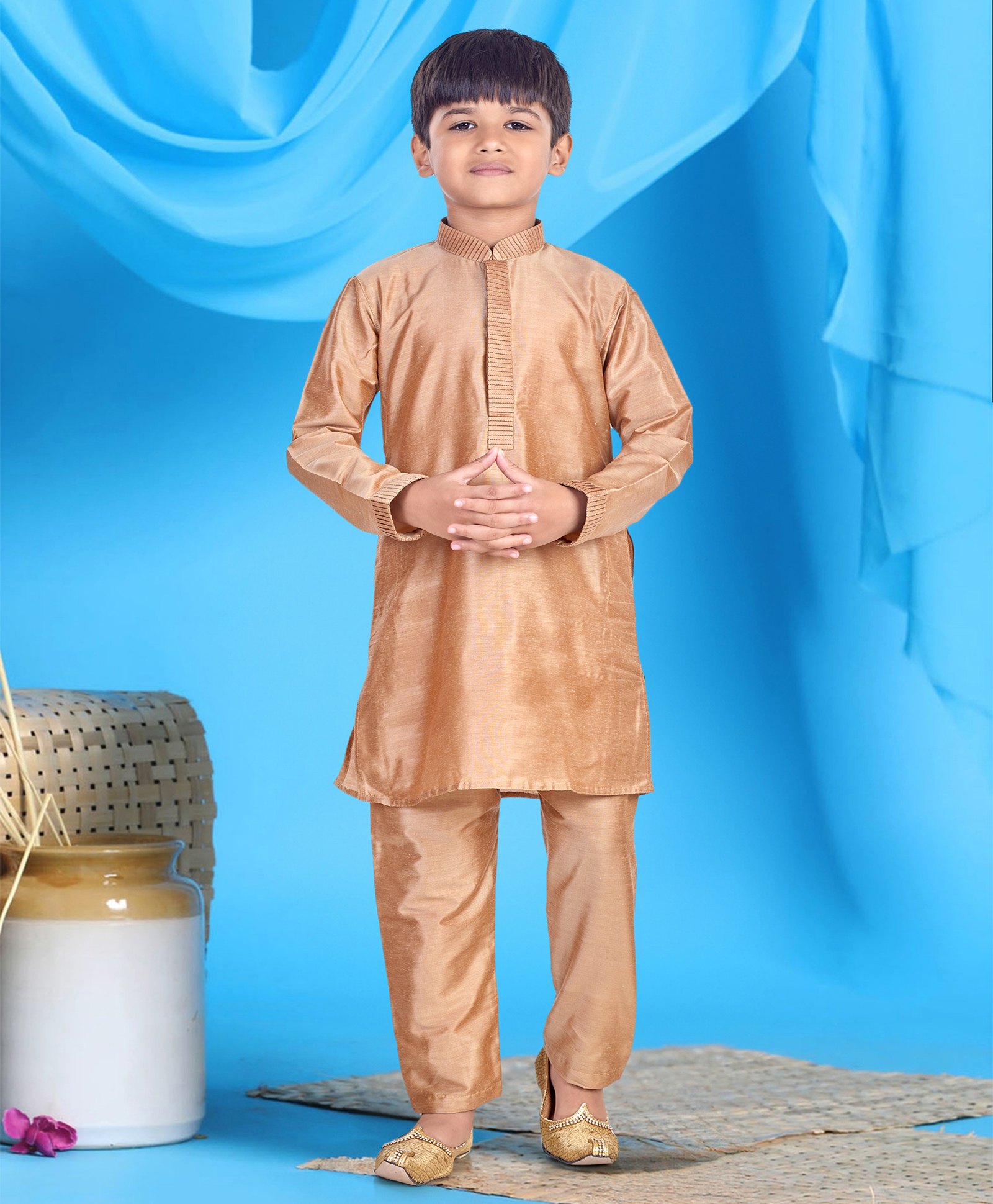 Pehanaava Cotton Woven Full Sleeves Placket Striped Embroidered Kurta Pyjama Set - Gold-picture-24