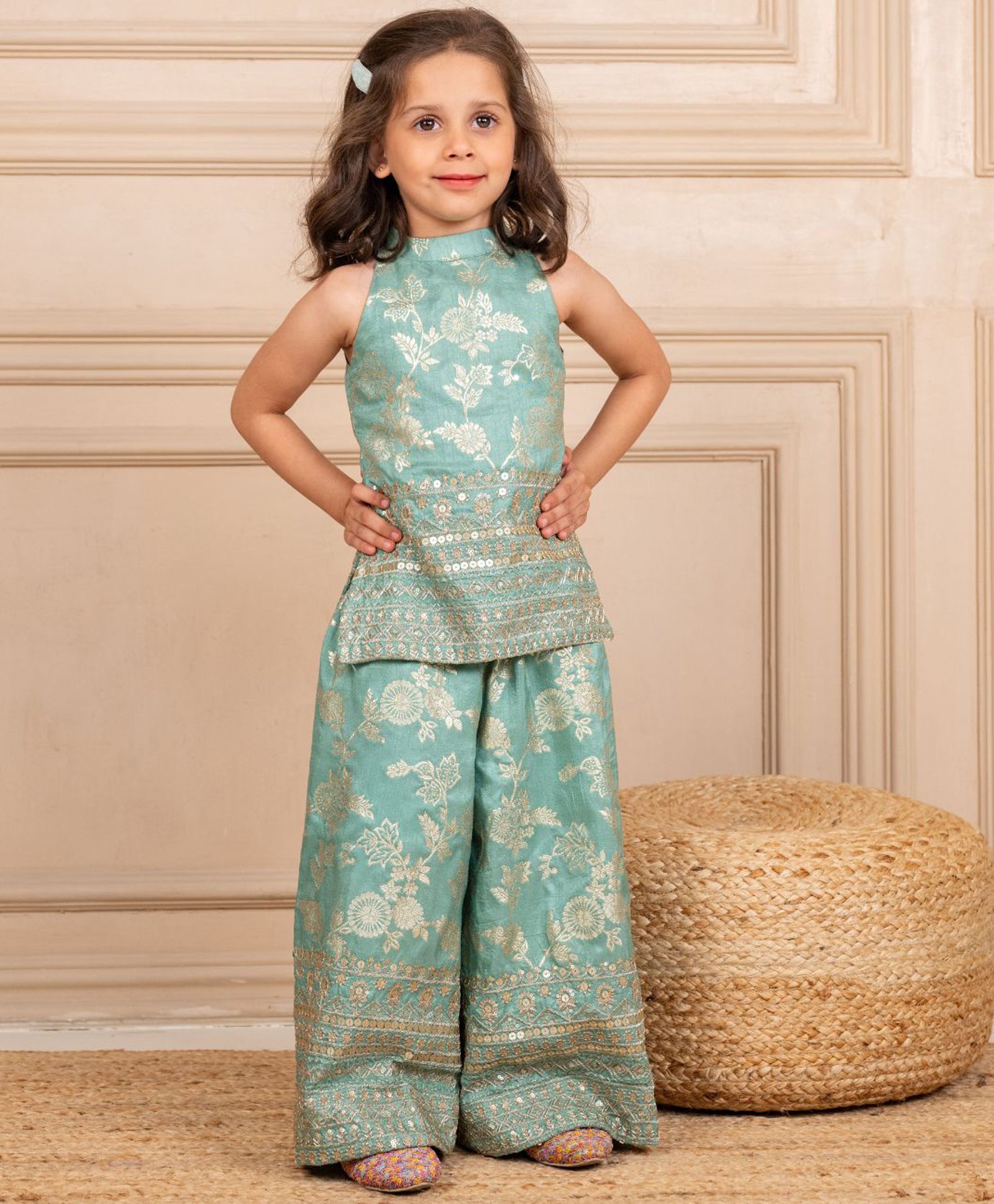 Jilmil Silk Woven Sleeveless Floral Foil Printed Sequins Embellished Short Kurti & Coordinating Palazzo Set - Mint Green-picture-12