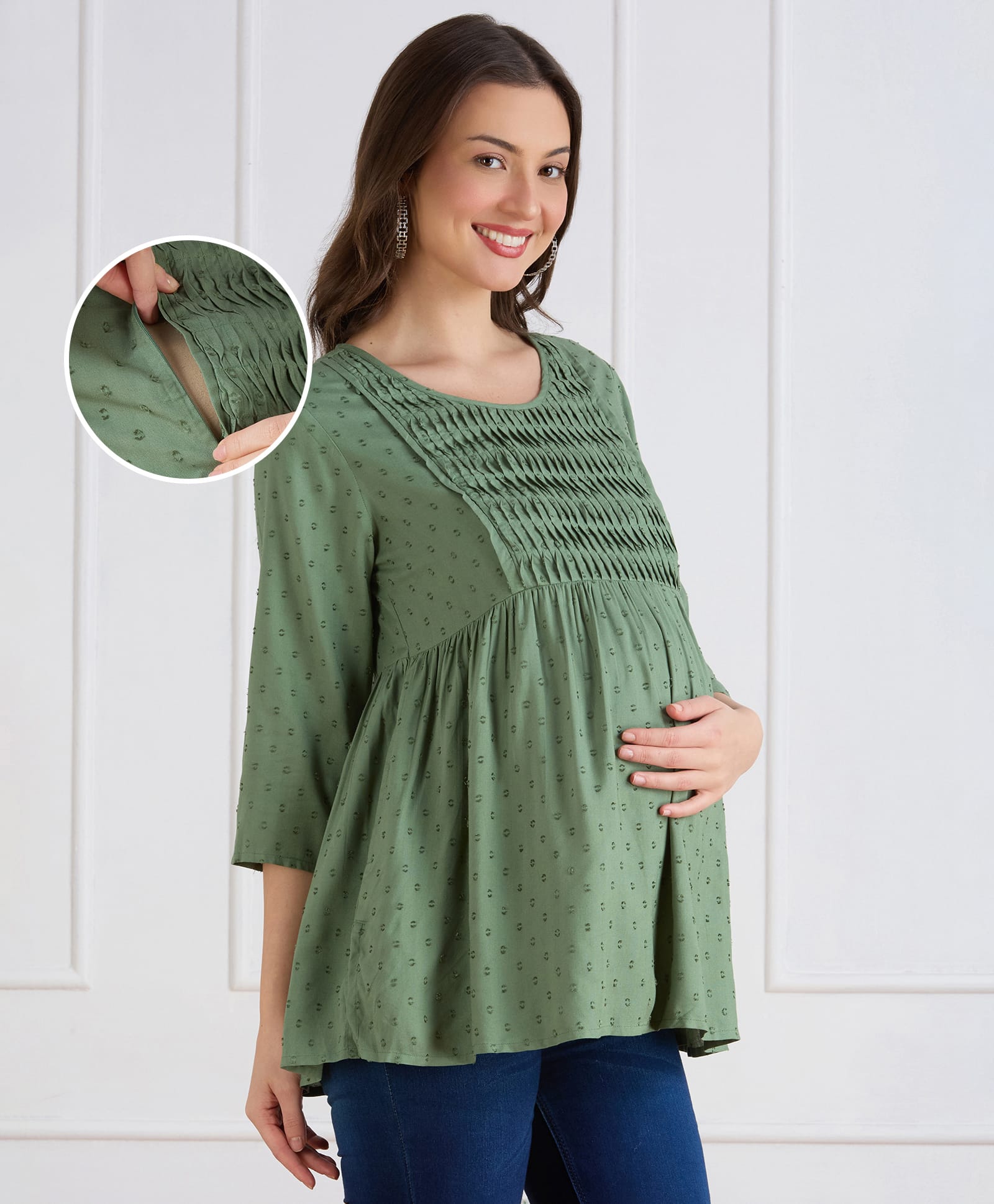 Bella Mama Woven Three Fourth Sleeves Pleated Yoke Maternity Top - Mint-picture-28