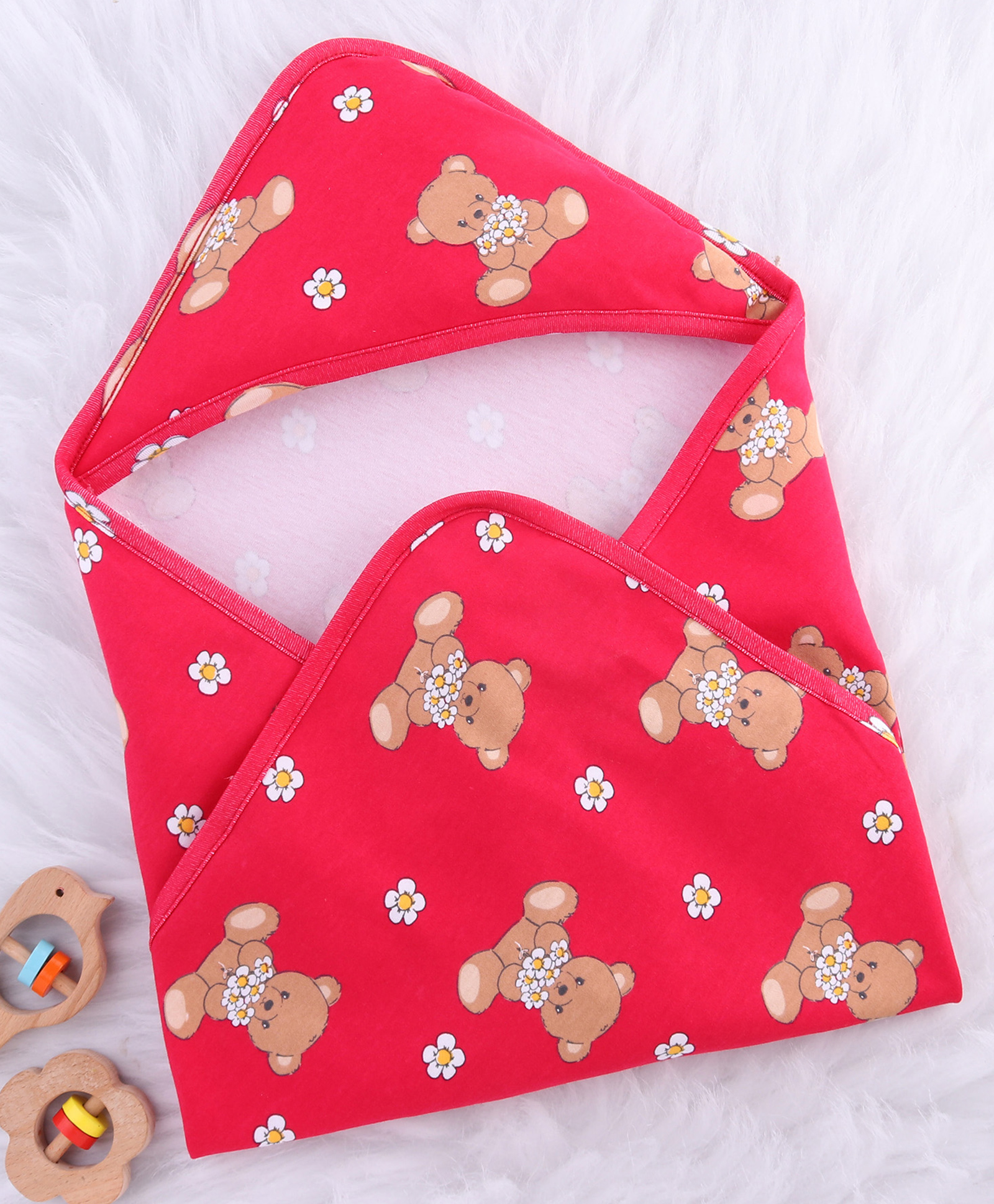 Babyhug Cotton Knit Hooded Wrapper With Animal Print L 78 x B 75.5 cm - Red