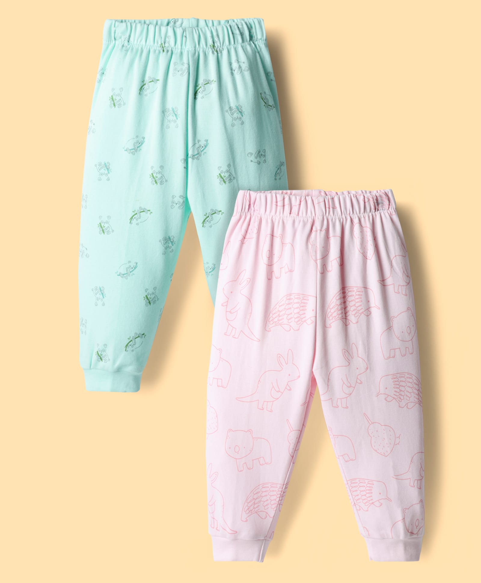 Pink Rabbit Interlock Knit Full Length Lounge Pant With Animal Print Pack Of 2 - Pink & Light Green-image-39