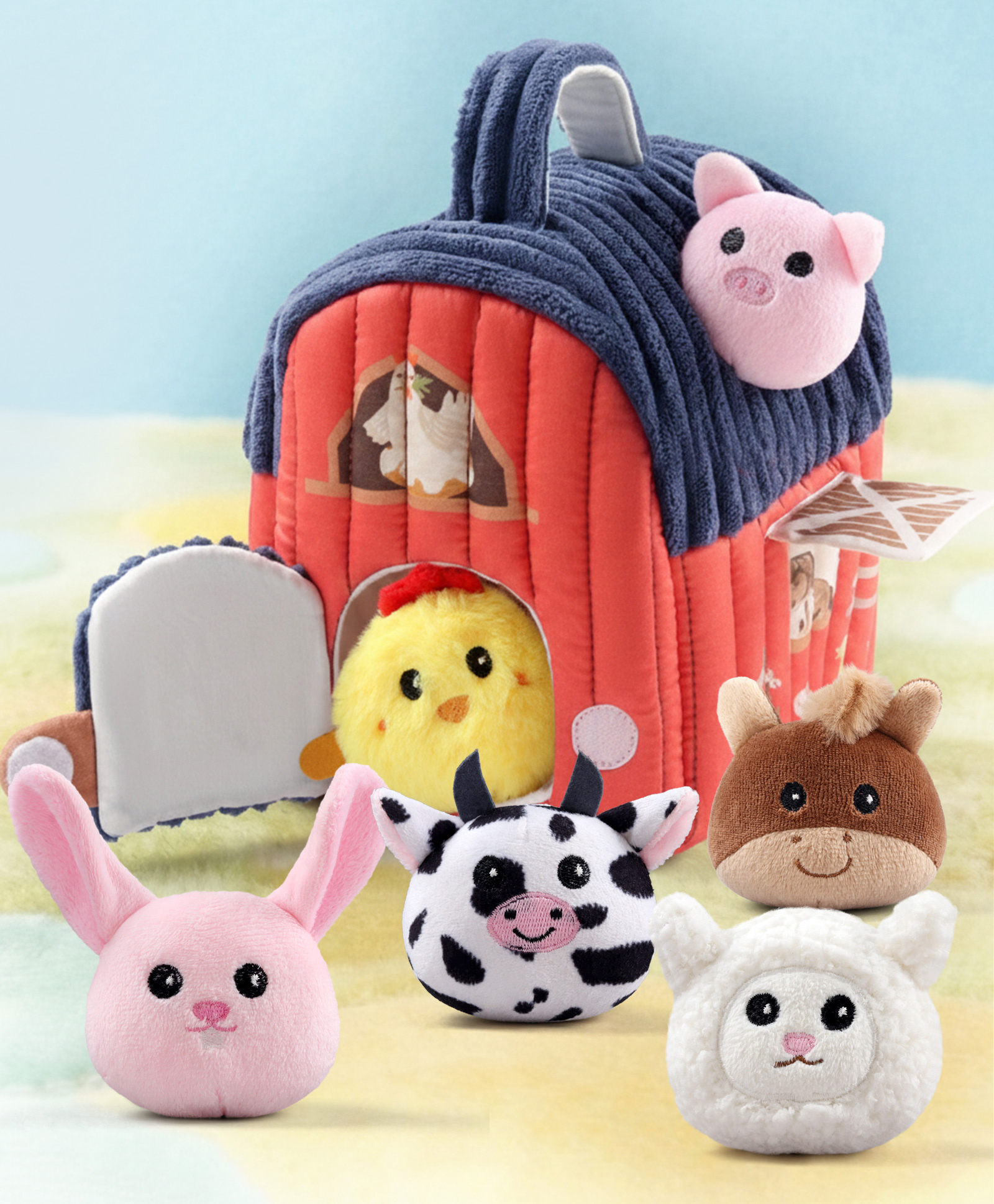 Babyhug Barn House Playset with Carry Handle| Pretend Play Farm Set| Plush Cow, Pig, Horse, Hen, Sheep & Rabbit| Imaginative Play| Educational & Montessori Learning Toy - Multicolor