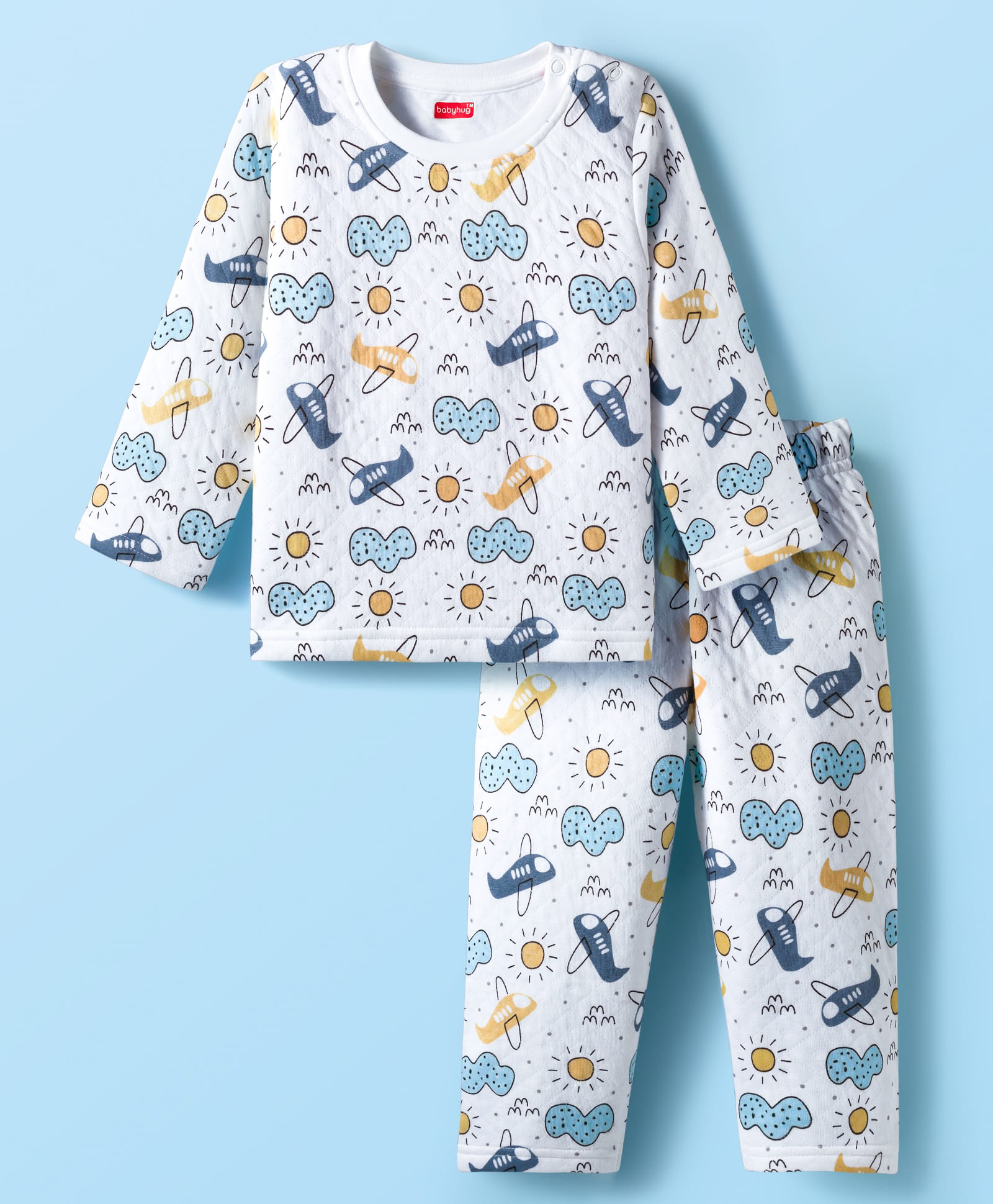 Babyhug Knit Full Sleeves Winter Wear Co-ords Night Suit With Vehicle Print - White